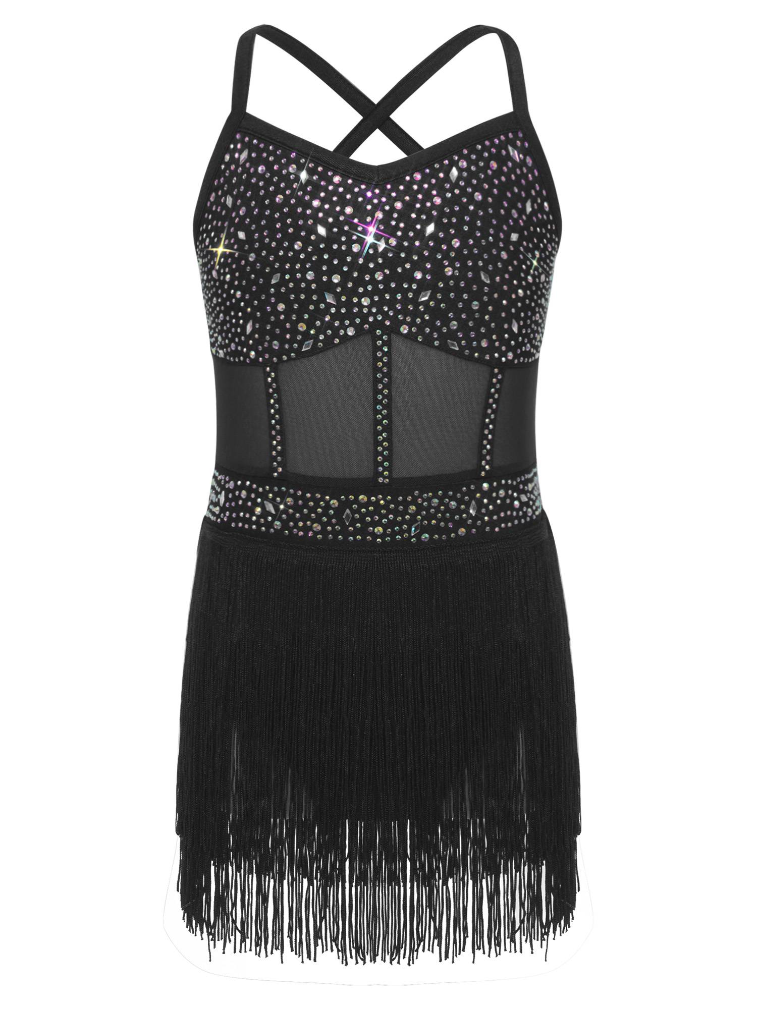 Kids Girls Rhinestone Sleeveless Fringed Latin Tango Dance Leotard Dress