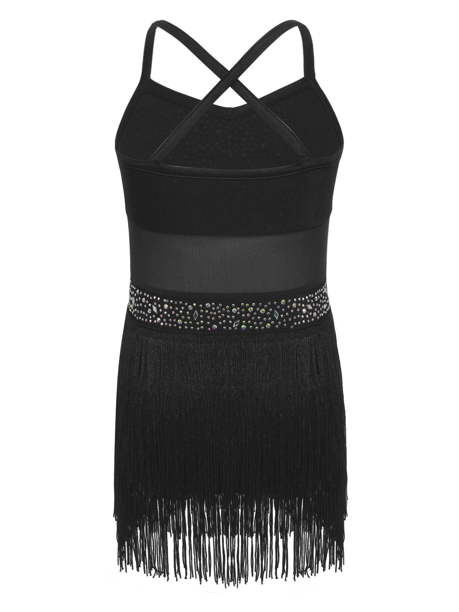 Kids Girls Rhinestone Sleeveless Fringed Latin Tango Dance Leotard Dress