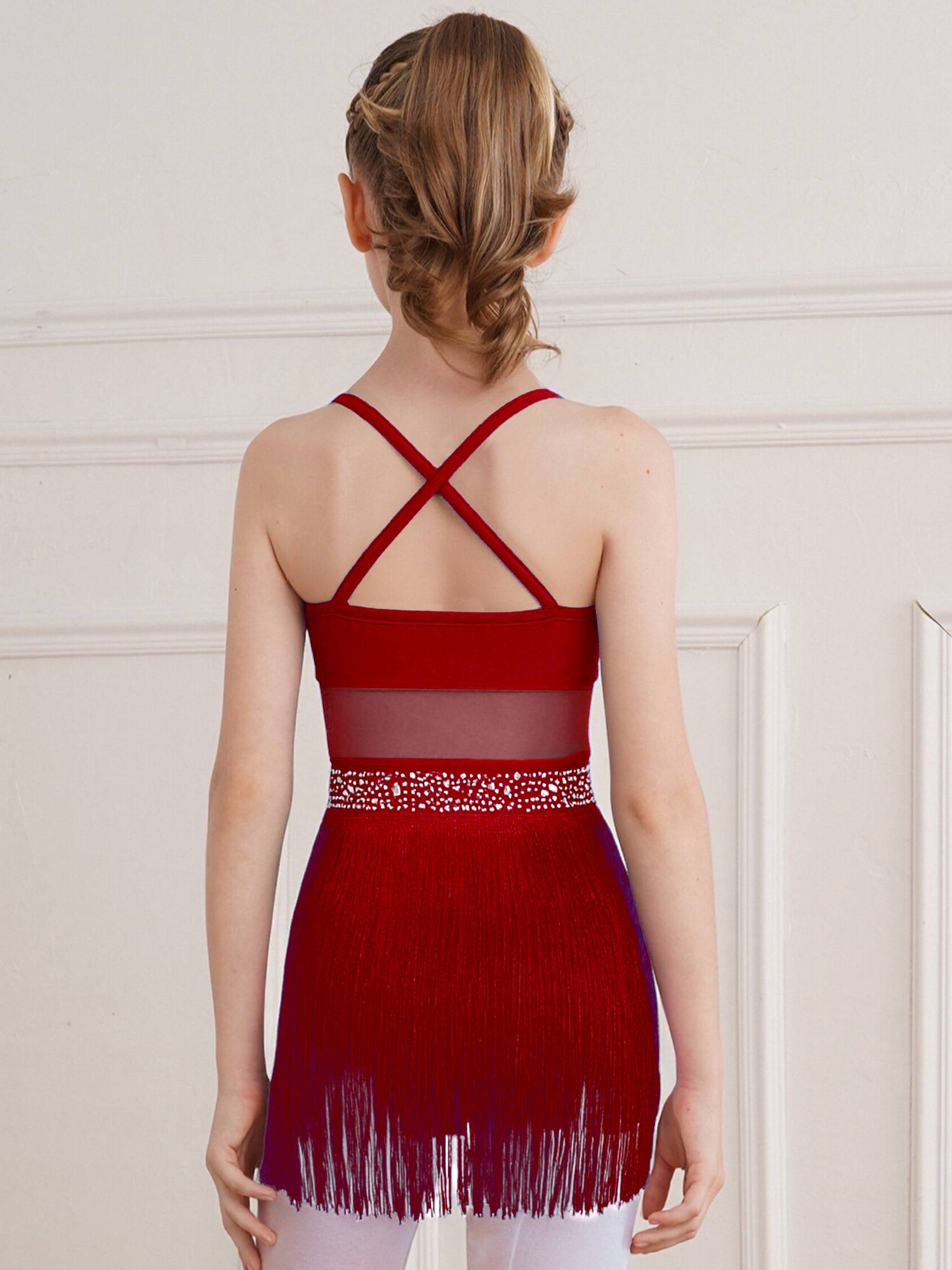 Kids Girls Rhinestone Sleeveless Fringed Latin Tango Dance Leotard Dress