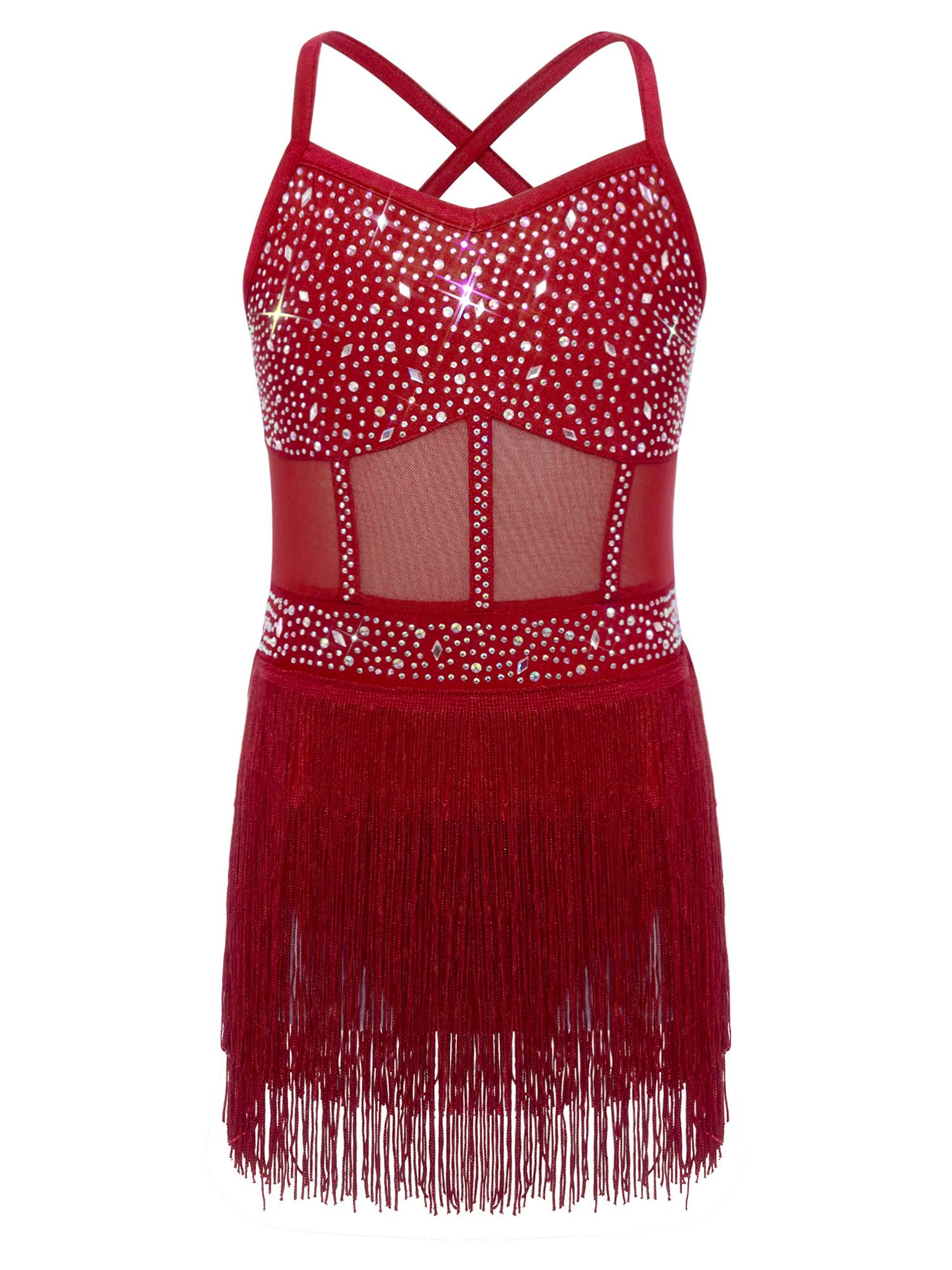 Kids Girls Rhinestone Sleeveless Fringed Latin Tango Dance Leotard Dress