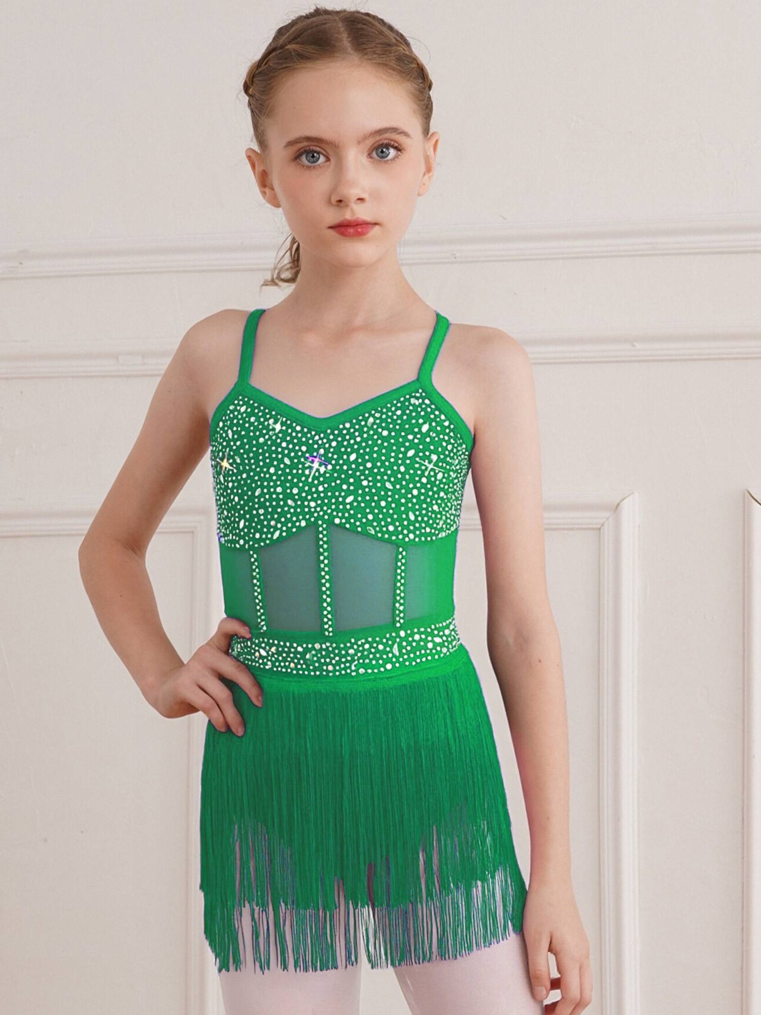 Kids Girls Rhinestone Sleeveless Fringed Latin Tango Dance Leotard Dress