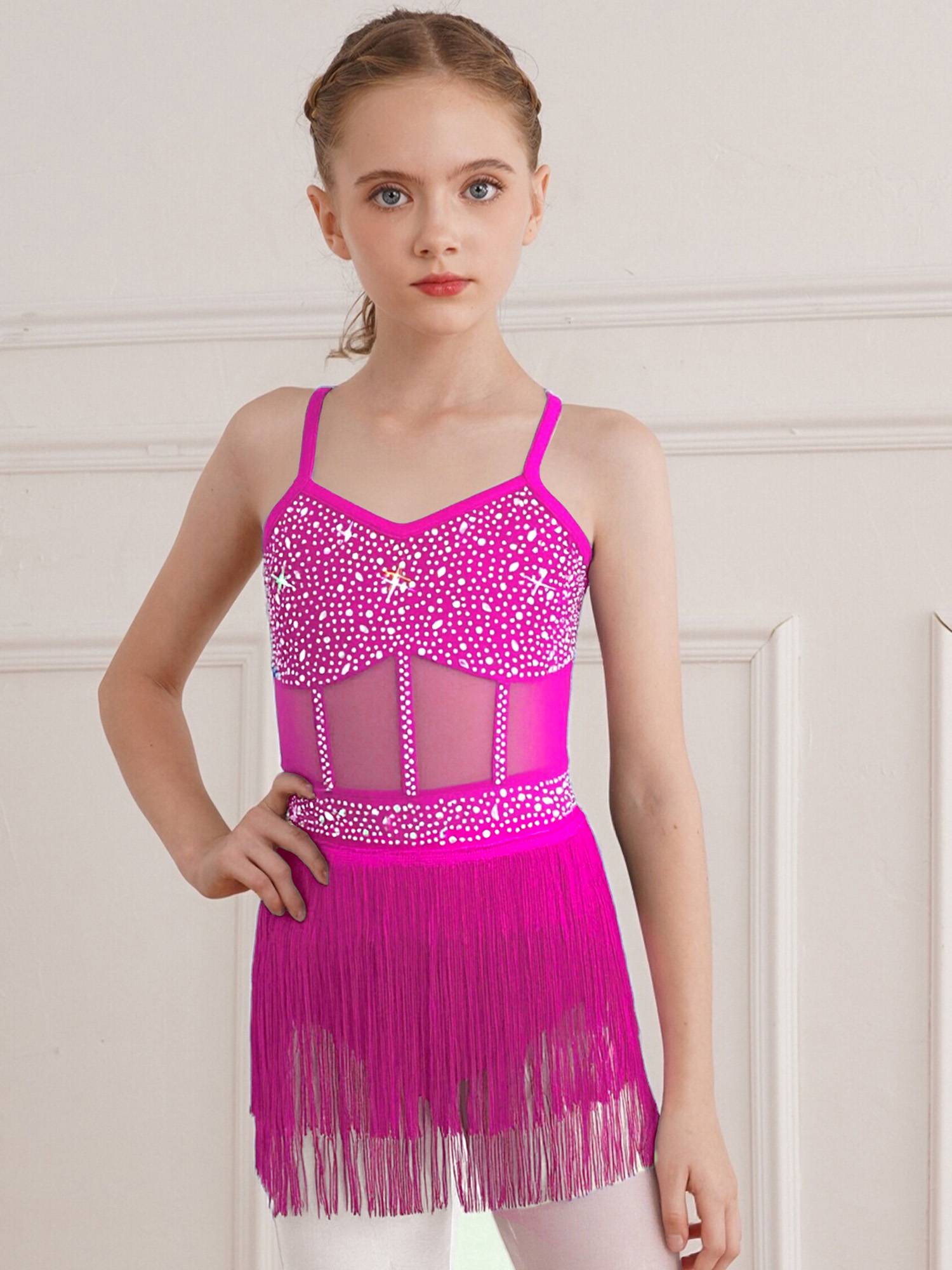 Kids Girls Rhinestone Sleeveless Fringed Latin Tango Dance Leotard Dress