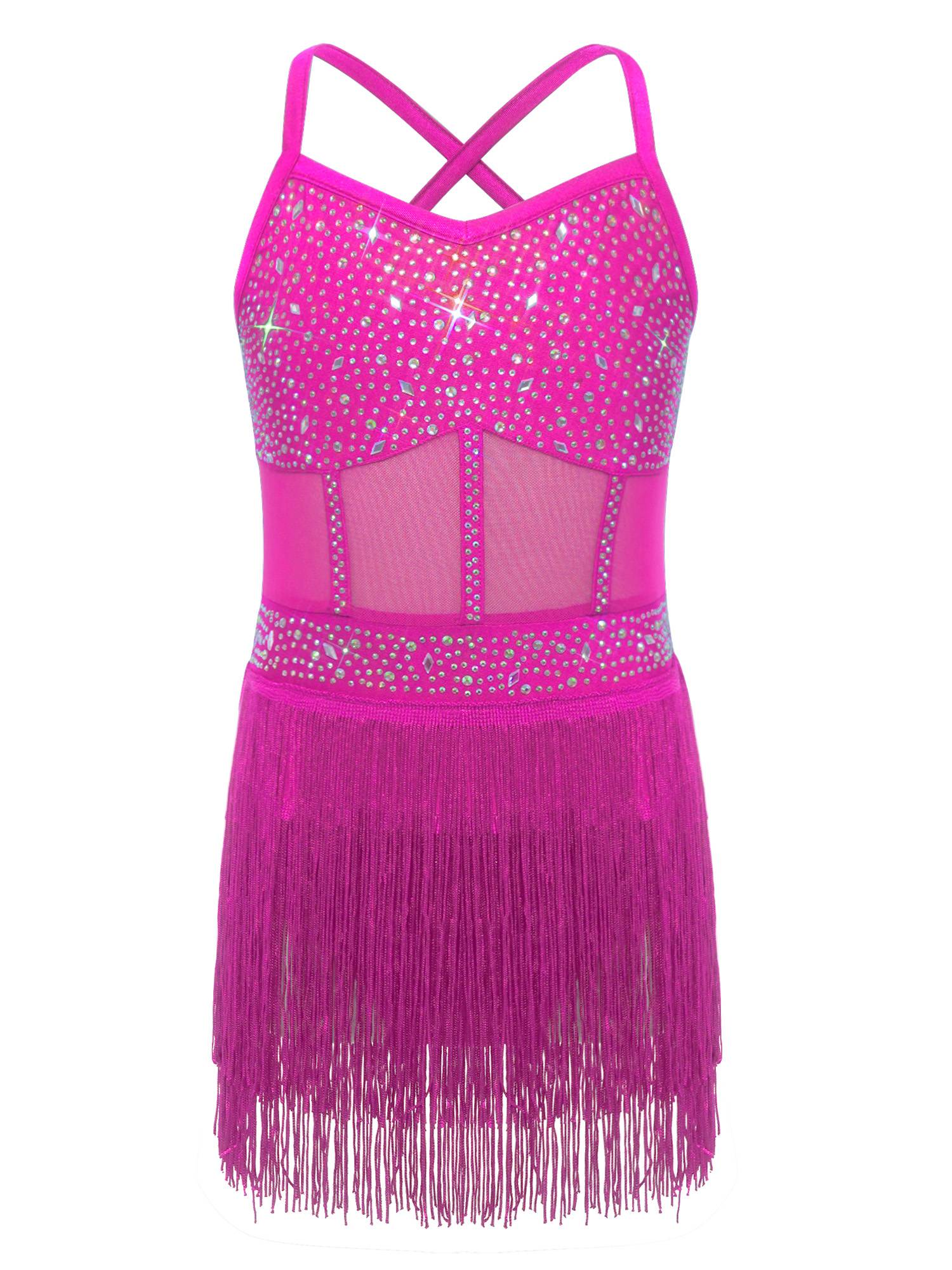Kids Girls Rhinestone Sleeveless Fringed Latin Tango Dance Leotard Dress