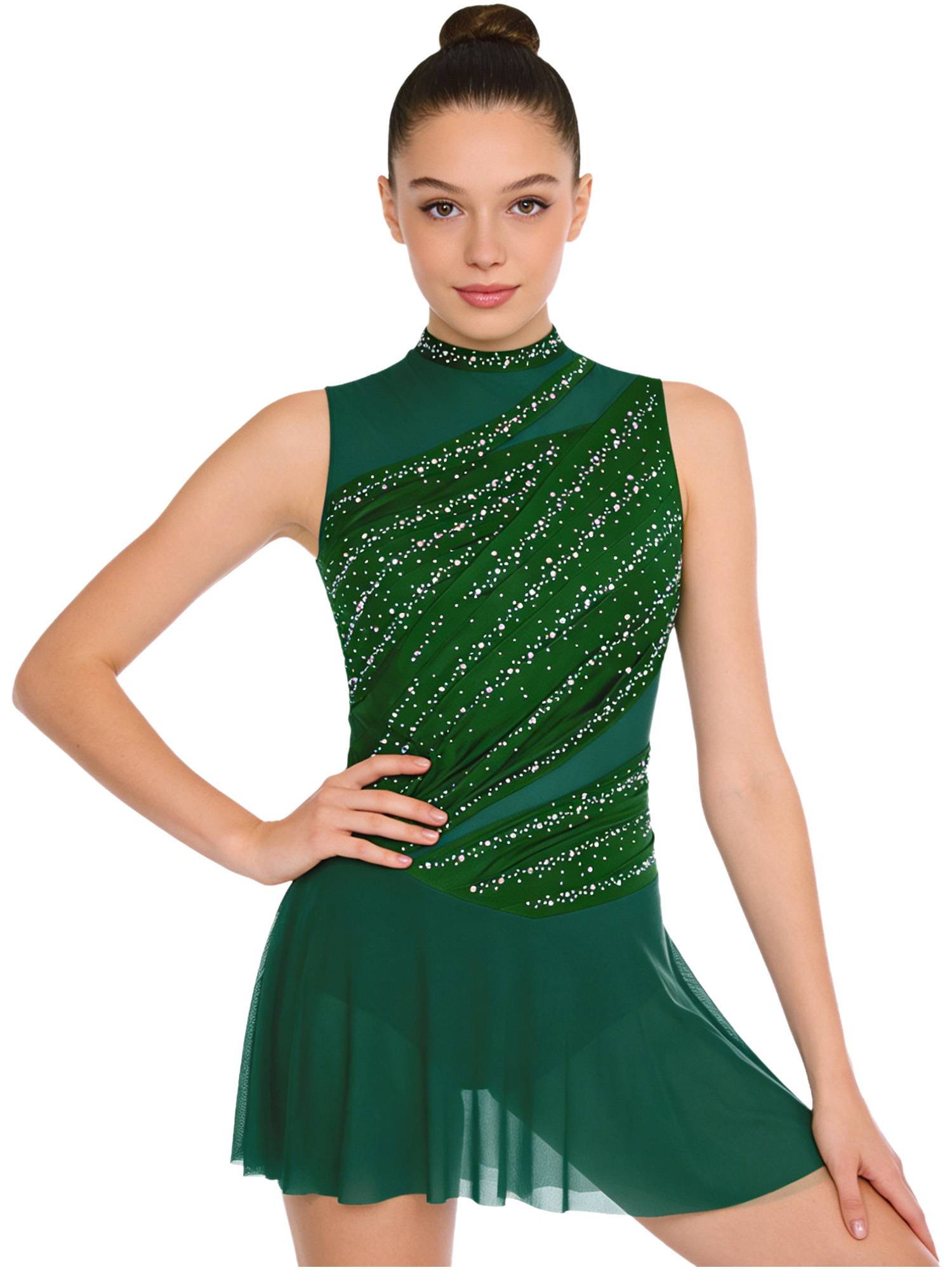 Women Sleeveless Figure Skating Dress Rhinestone Lyrical Dance Costume