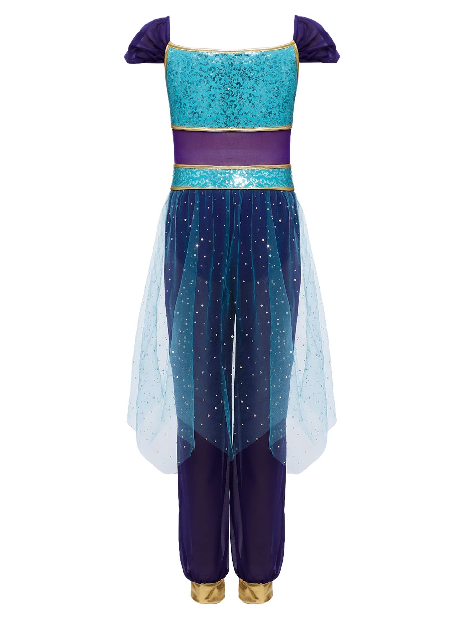 Girls Arabian Princess Tulle Jumpsuit Sequin Costume for Halloween, Belly Dance