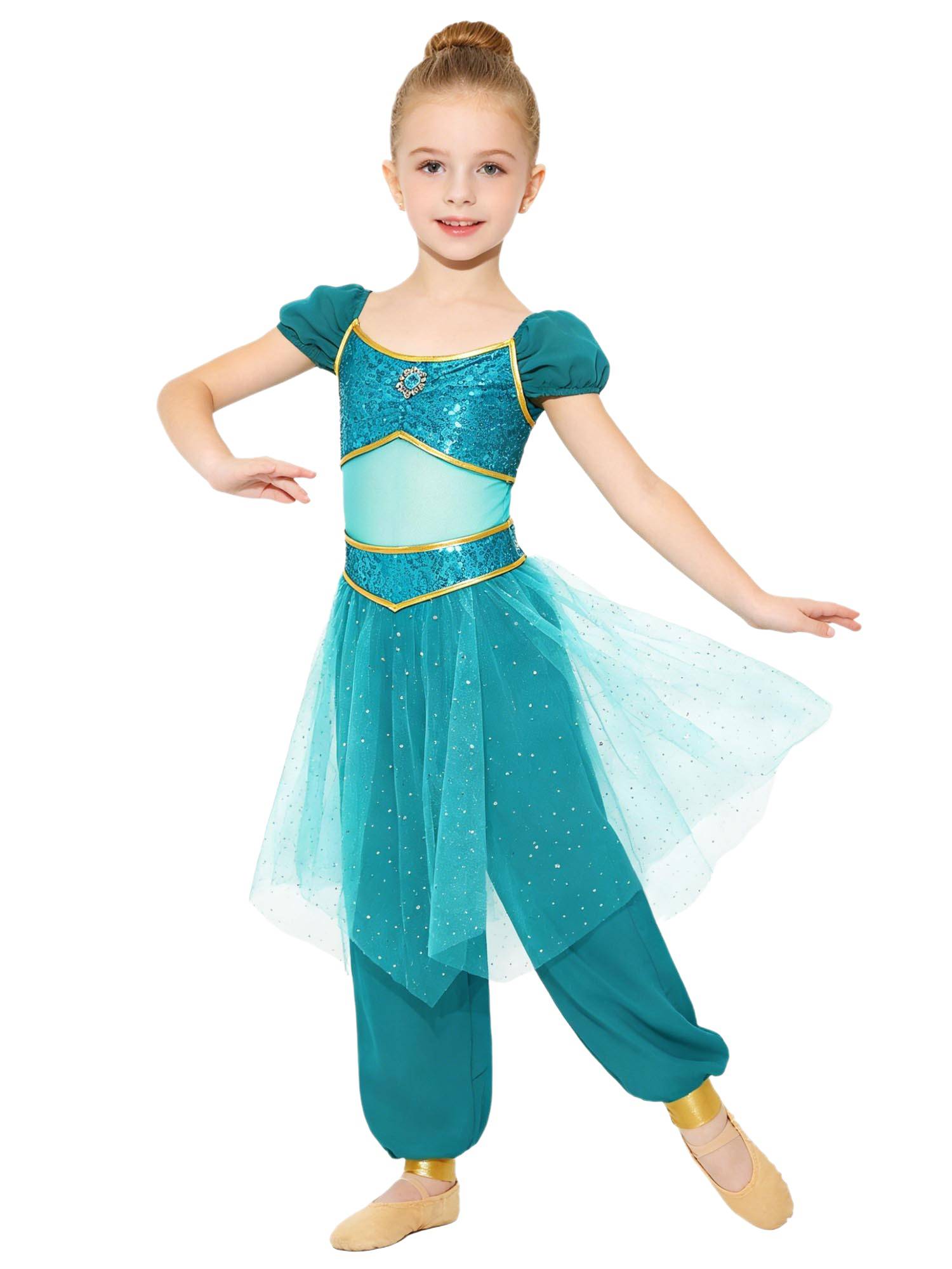 Girls Arabian Princess Tulle Jumpsuit Sequin Costume for Halloween, Belly Dance