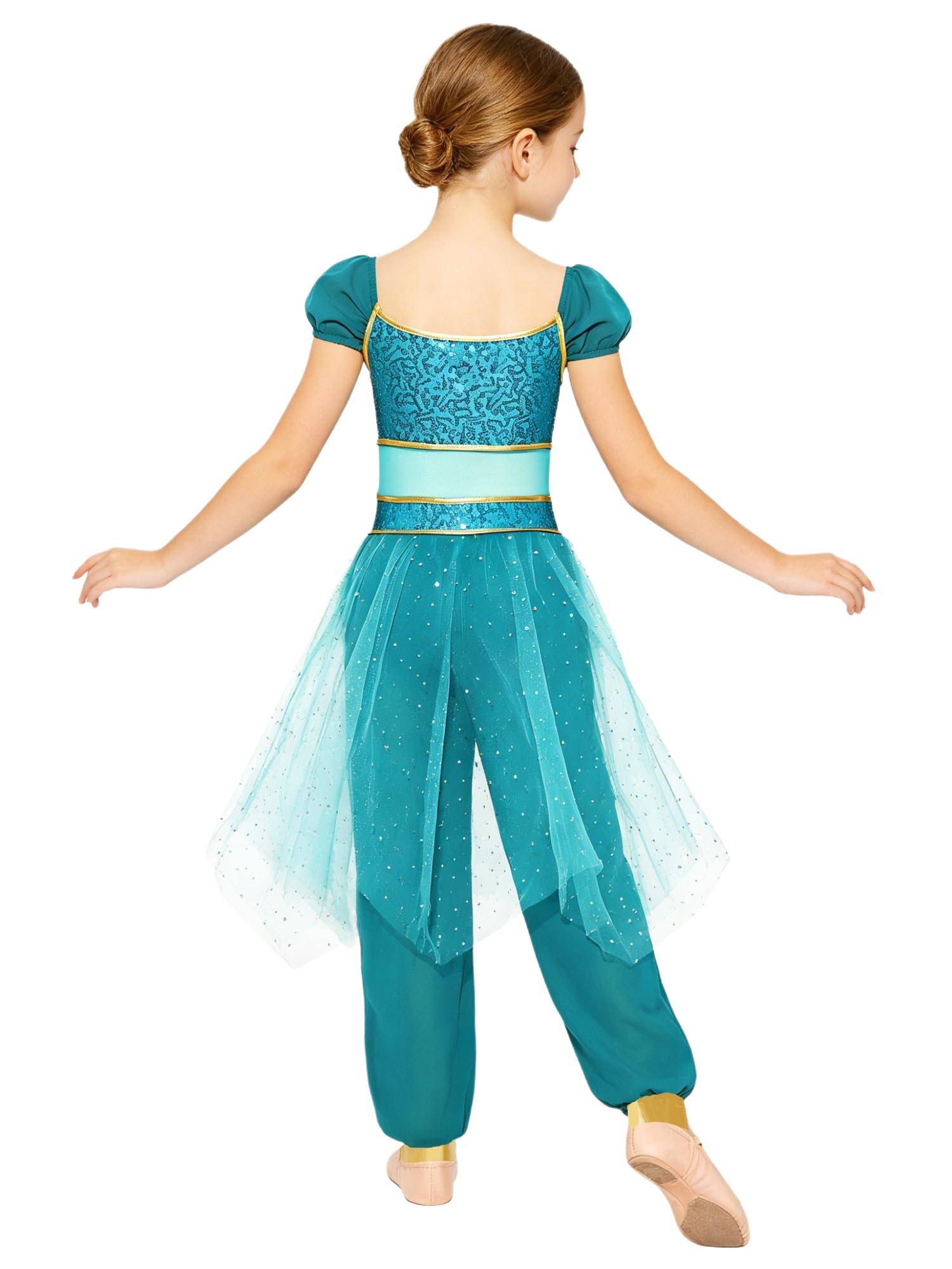Girls Arabian Princess Tulle Jumpsuit Sequin Costume for Halloween, Belly Dance