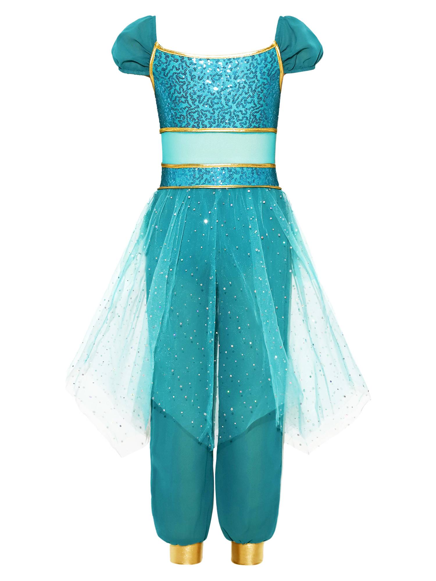 Girls Arabian Princess Tulle Jumpsuit Sequin Costume for Halloween, Belly Dance