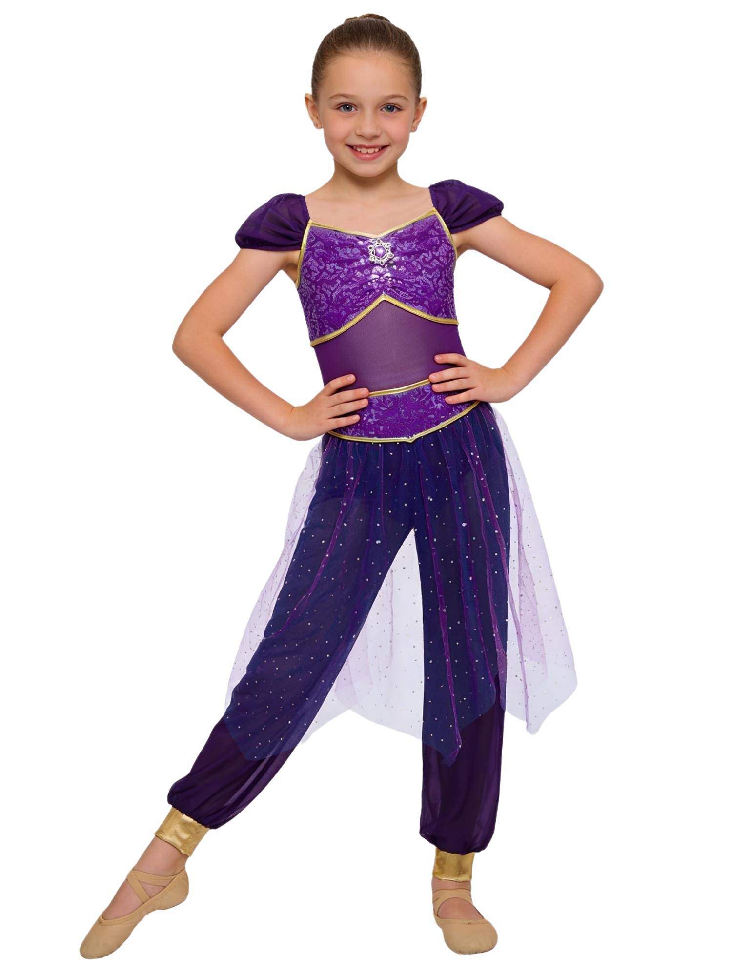Girls Arabian Princess Tulle Jumpsuit Sequin Costume for Halloween, Belly Dance