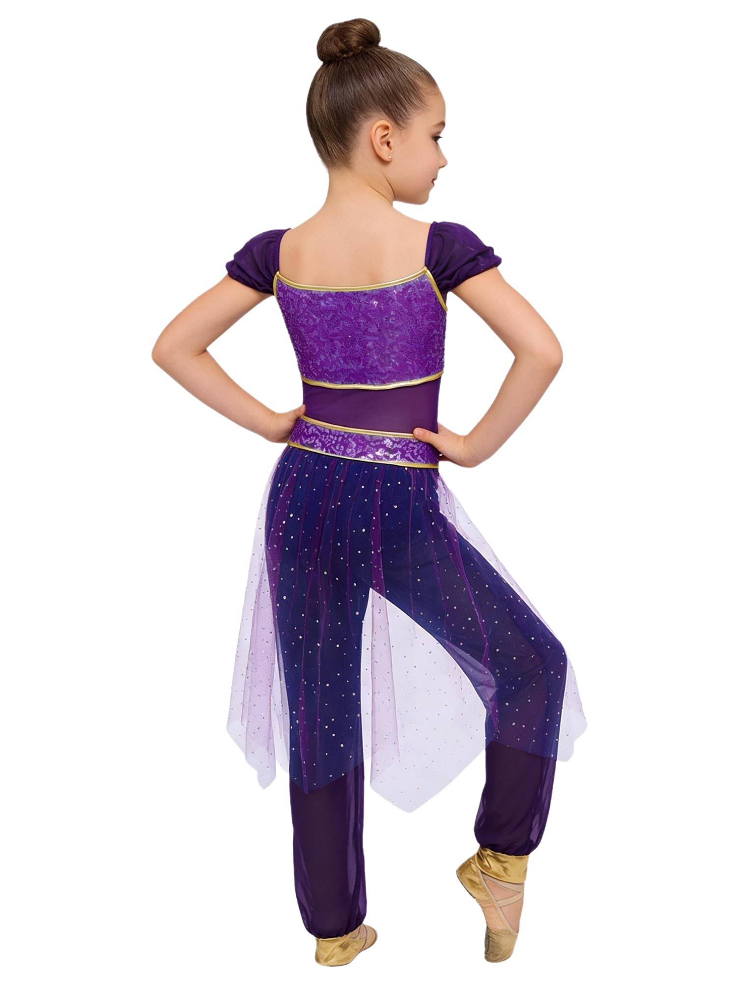 Girls Arabian Princess Tulle Jumpsuit Sequin Costume for Halloween, Belly Dance