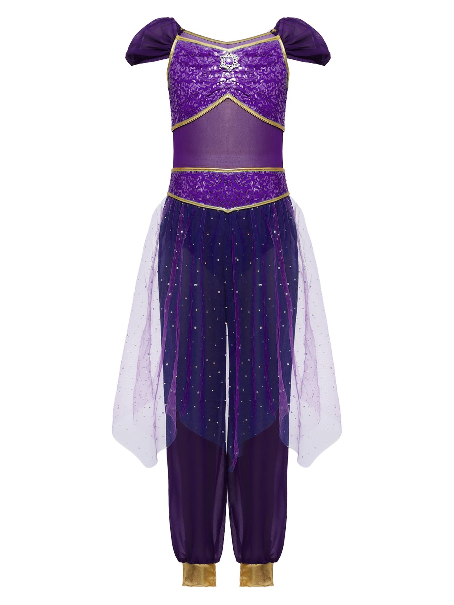 Girls Arabian Princess Tulle Jumpsuit Sequin Costume for Halloween, Belly Dance