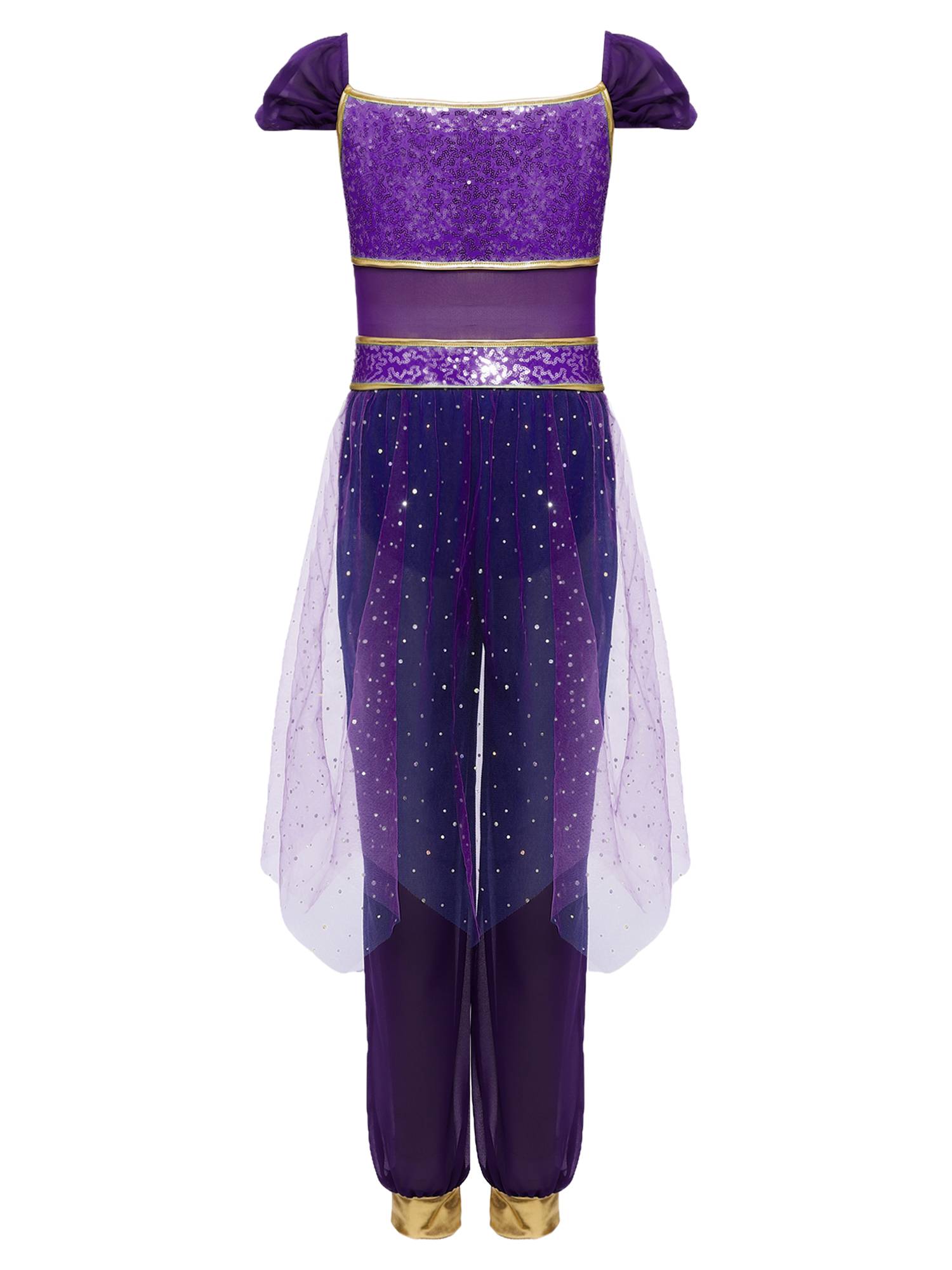 Girls Arabian Princess Tulle Jumpsuit Sequin Costume for Halloween, Belly Dance