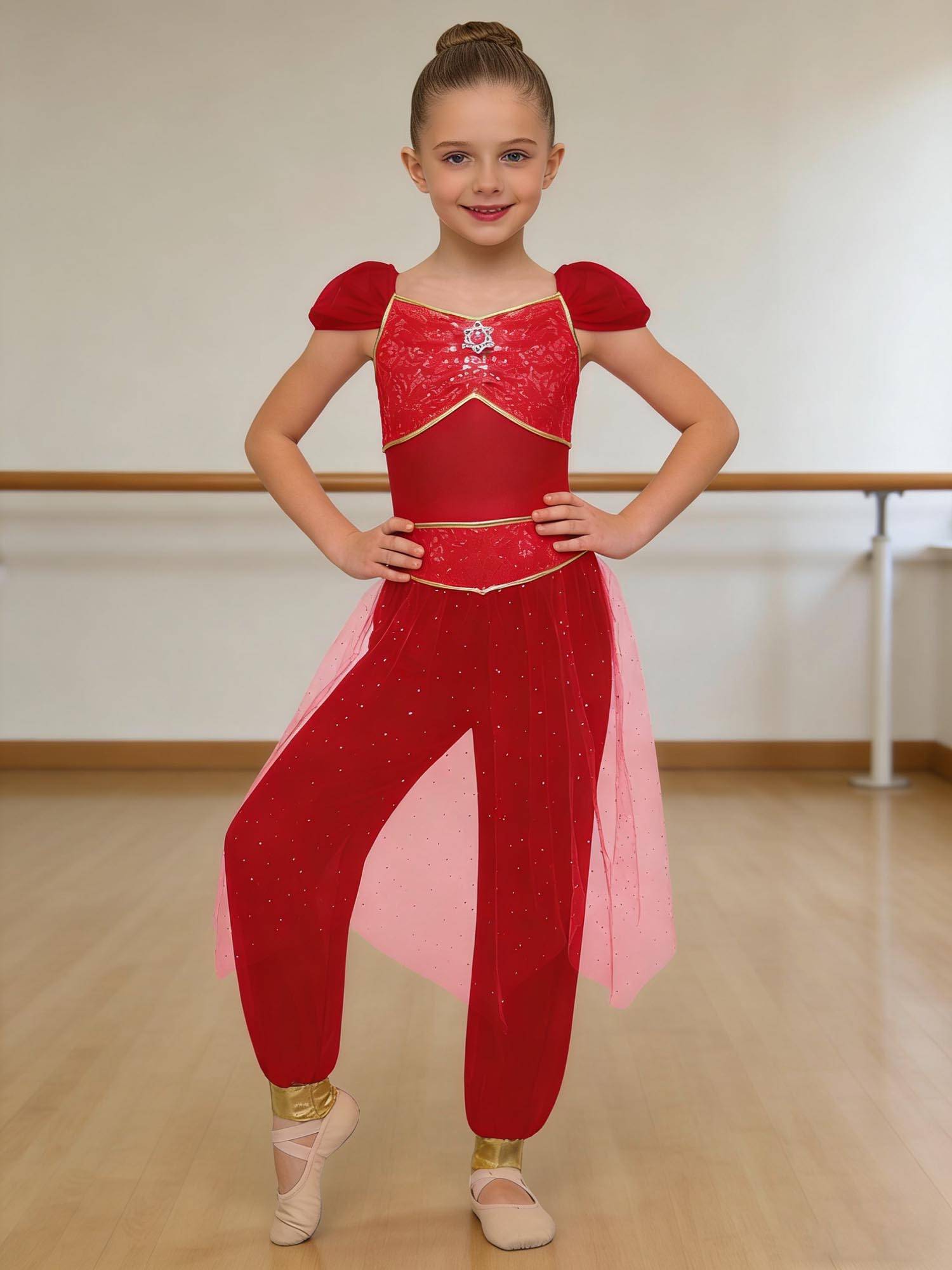 Girls Arabian Princess Tulle Jumpsuit Sequin Costume for Halloween, Belly Dance