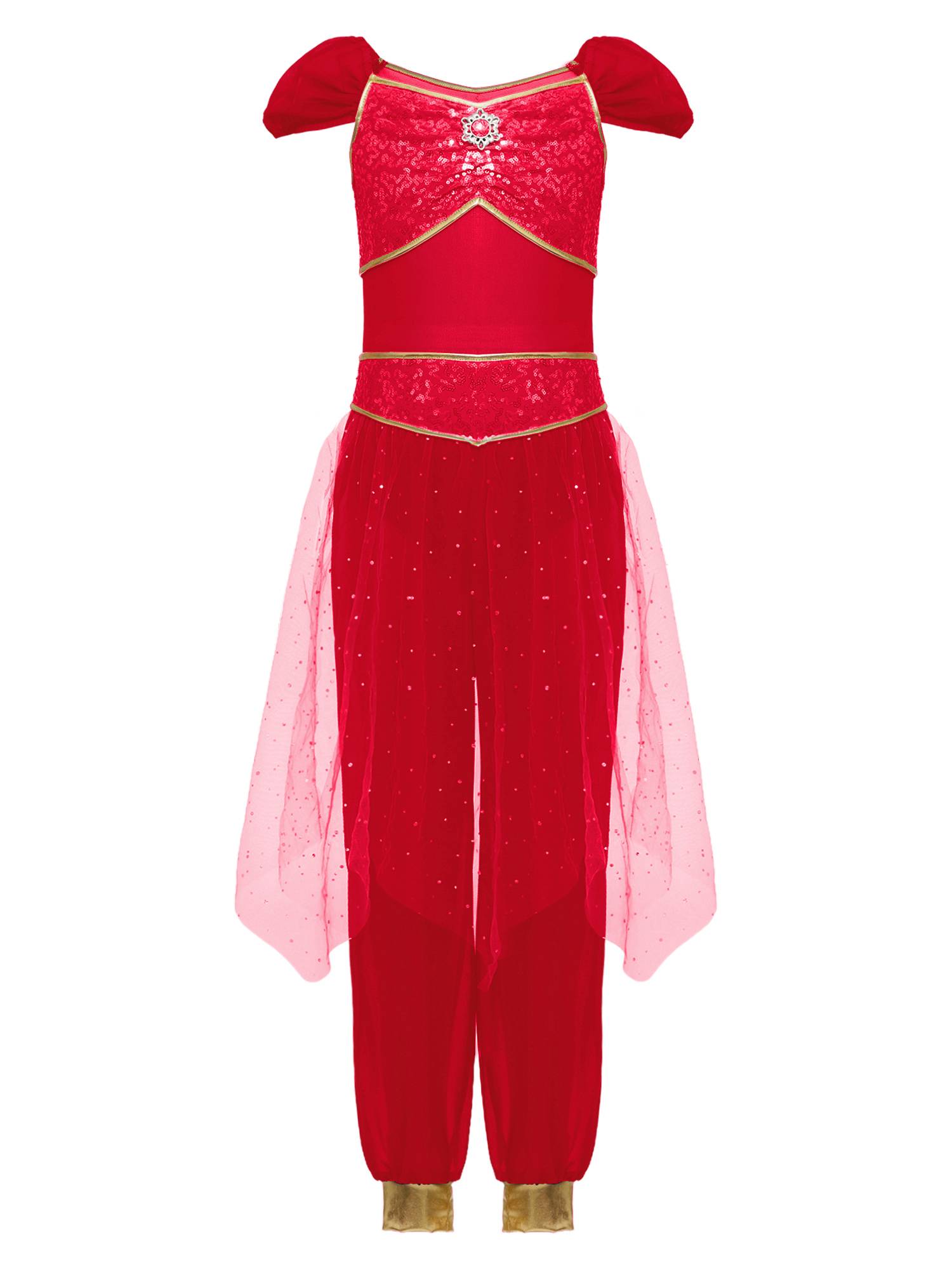 Girls Arabian Princess Tulle Jumpsuit Sequin Costume for Halloween, Belly Dance
