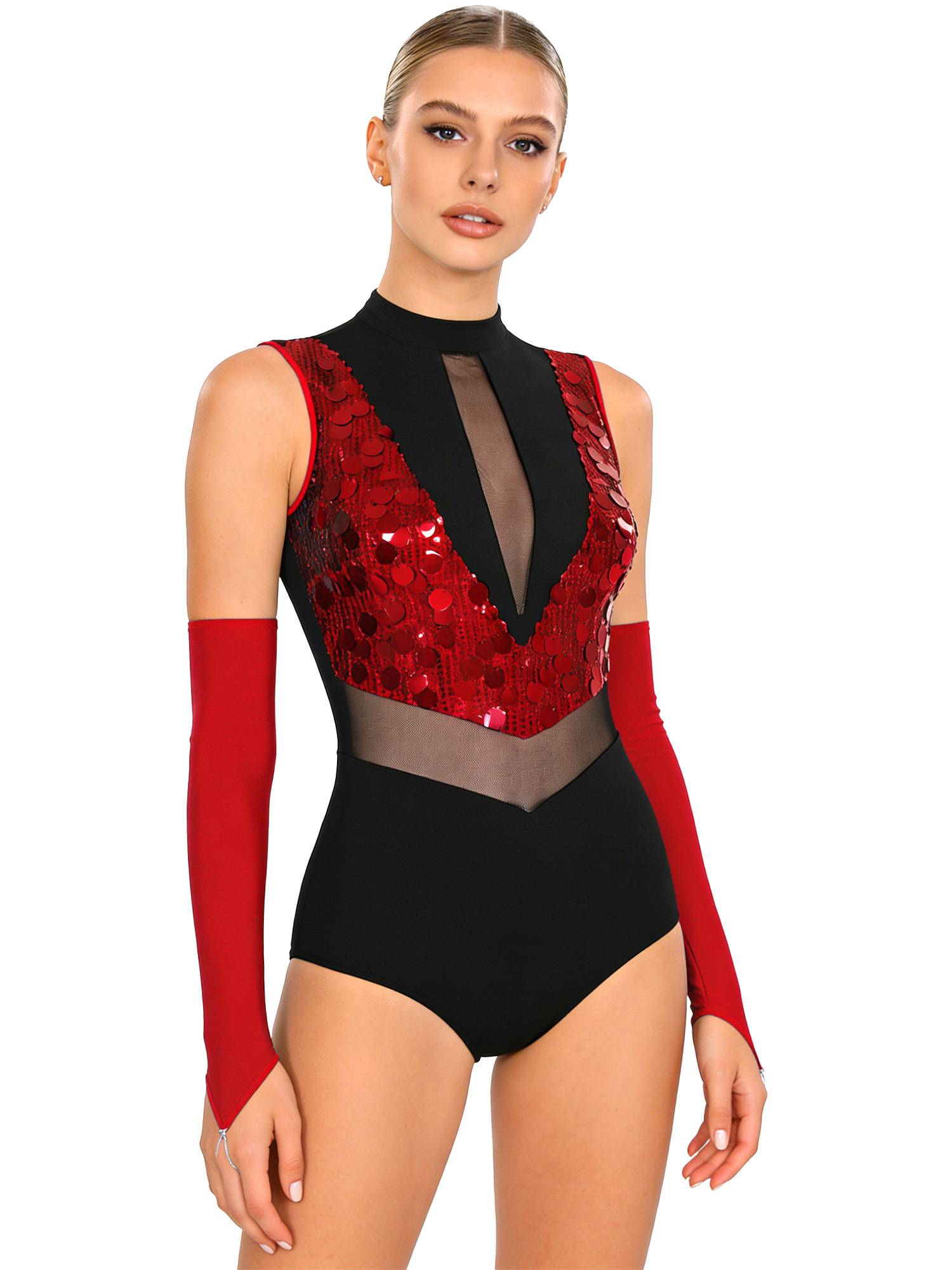 Women Sequin Sleeveless Latin Jazz Dance Leotard with Gloves