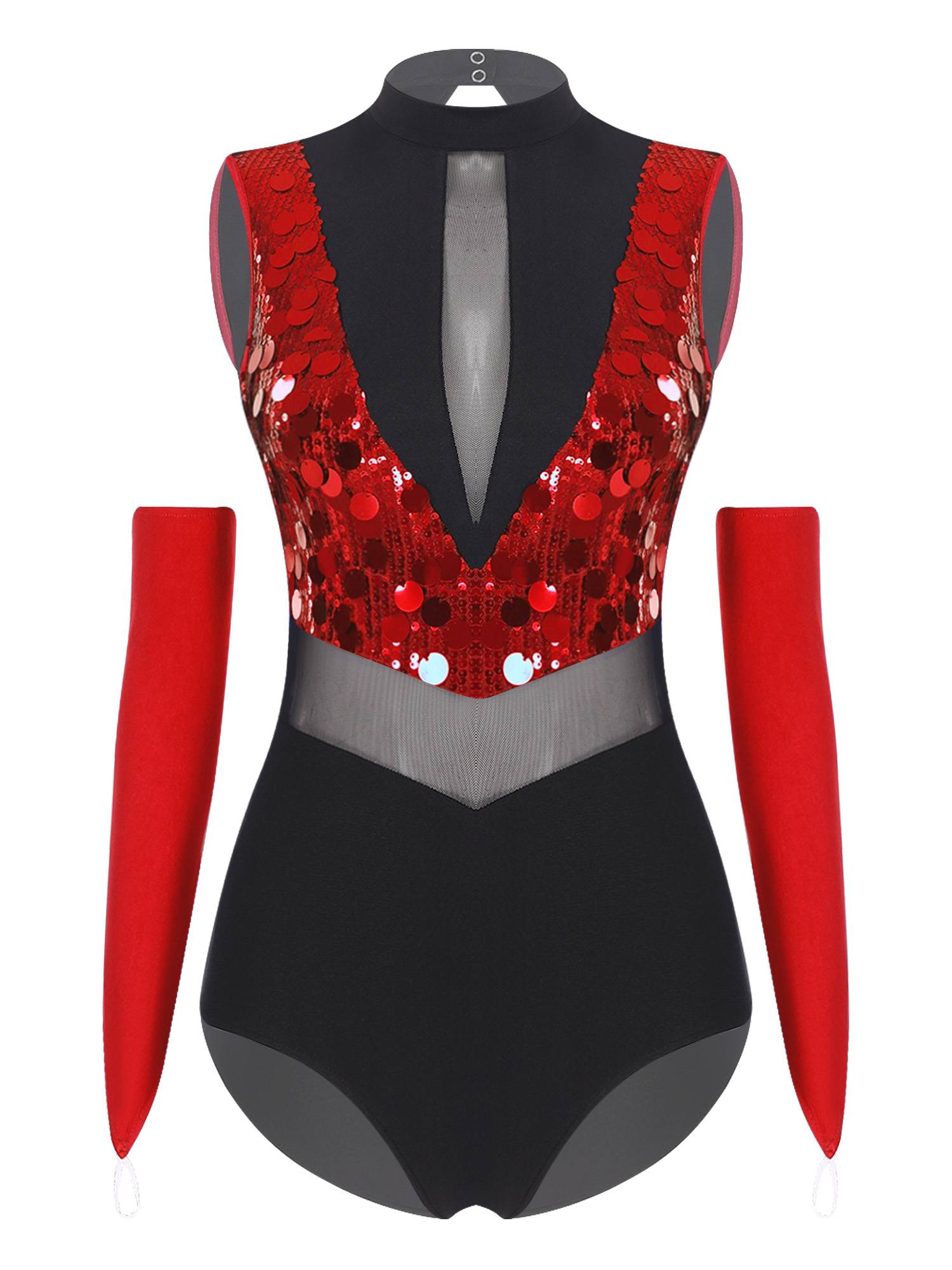 Women Sequin Sleeveless Latin Jazz Dance Leotard with Gloves