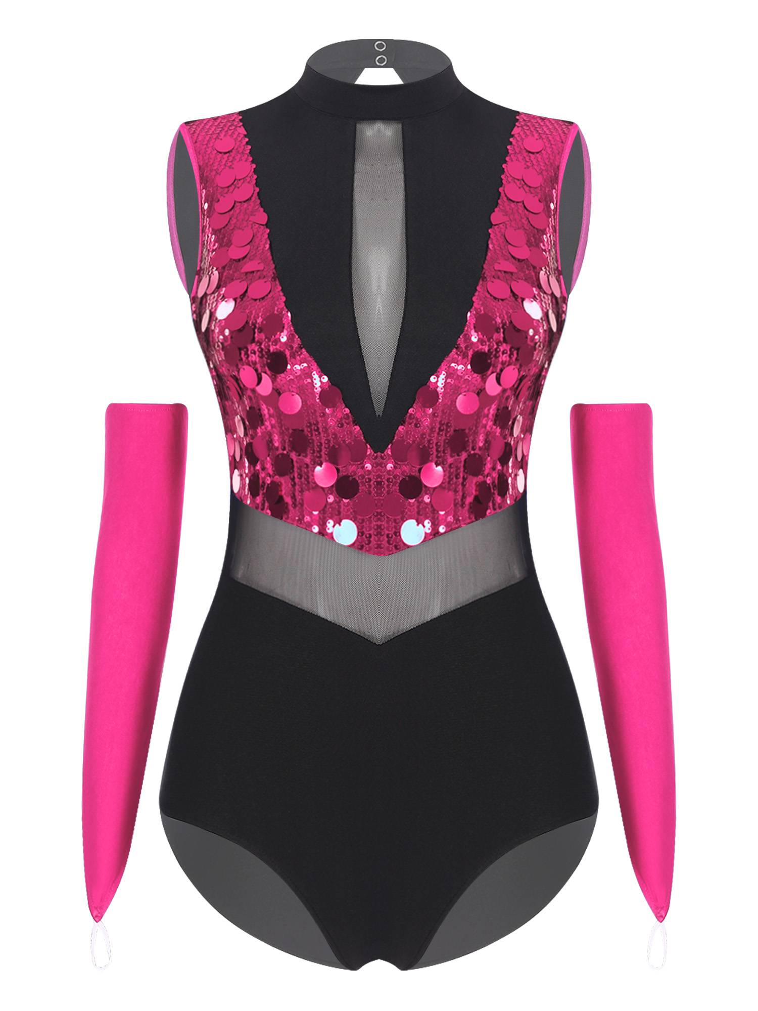 Women Sequin Sleeveless Latin Jazz Dance Leotard with Gloves