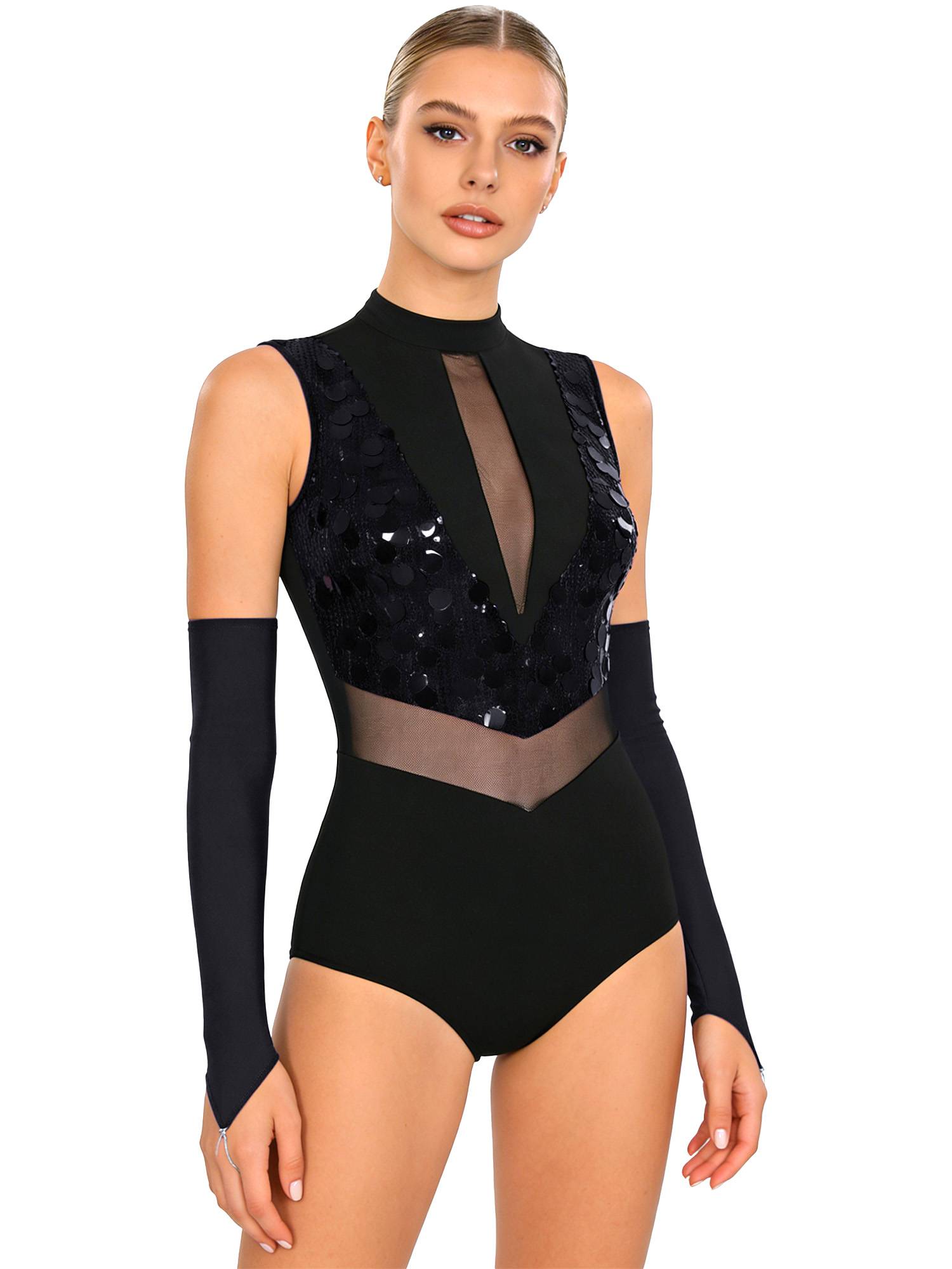 Women Sequin Sleeveless Latin Jazz Dance Leotard with Gloves