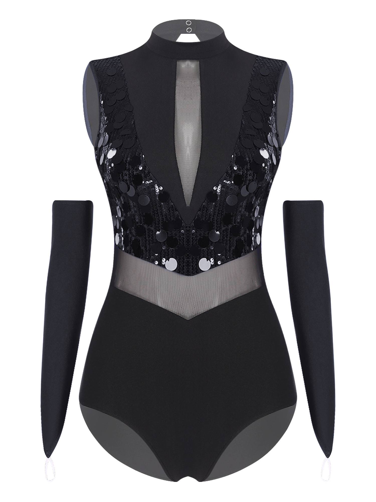 Women Sequin Sleeveless Latin Jazz Dance Leotard with Gloves