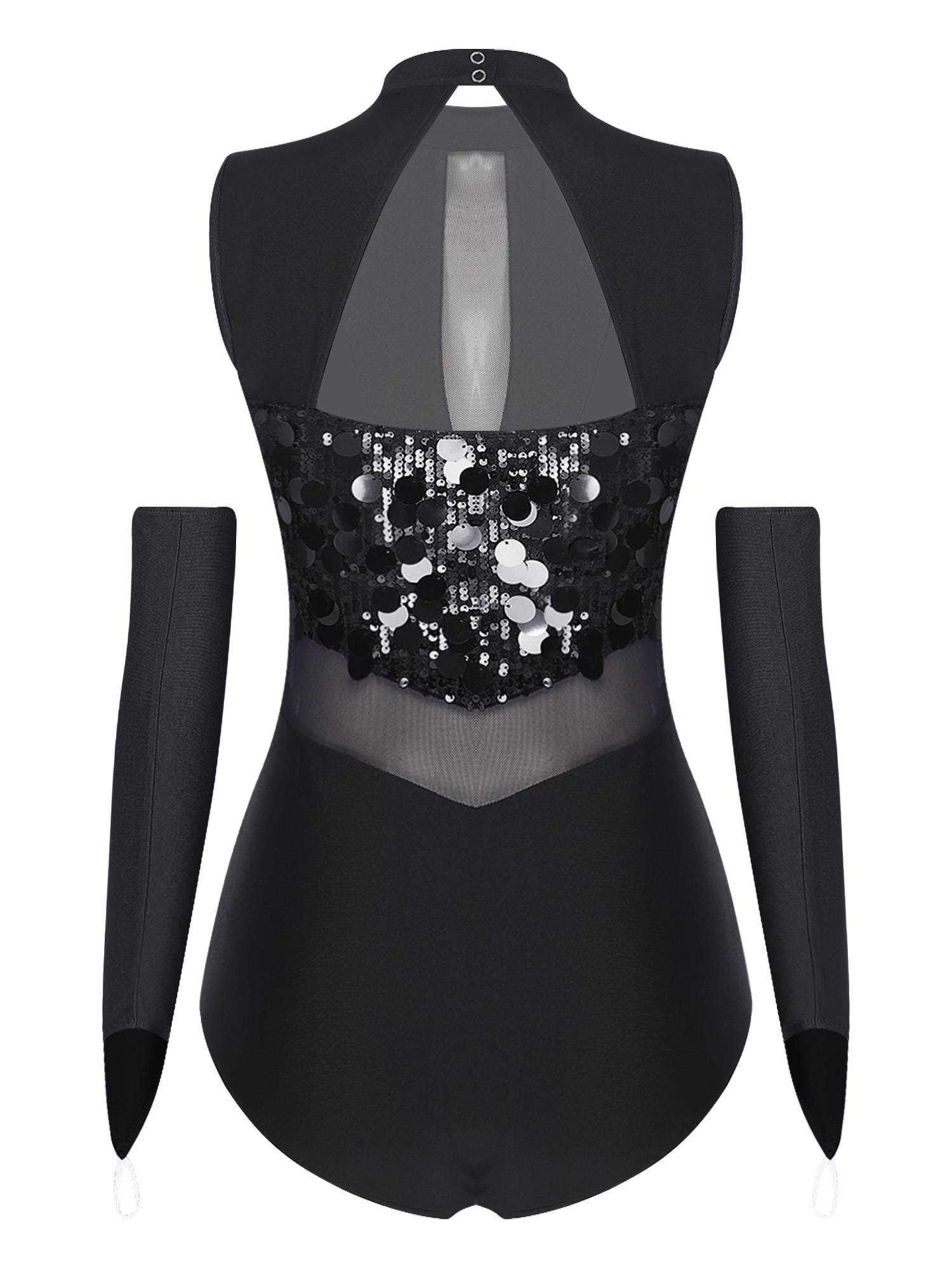 Women Sequin Sleeveless Latin Jazz Dance Leotard with Gloves