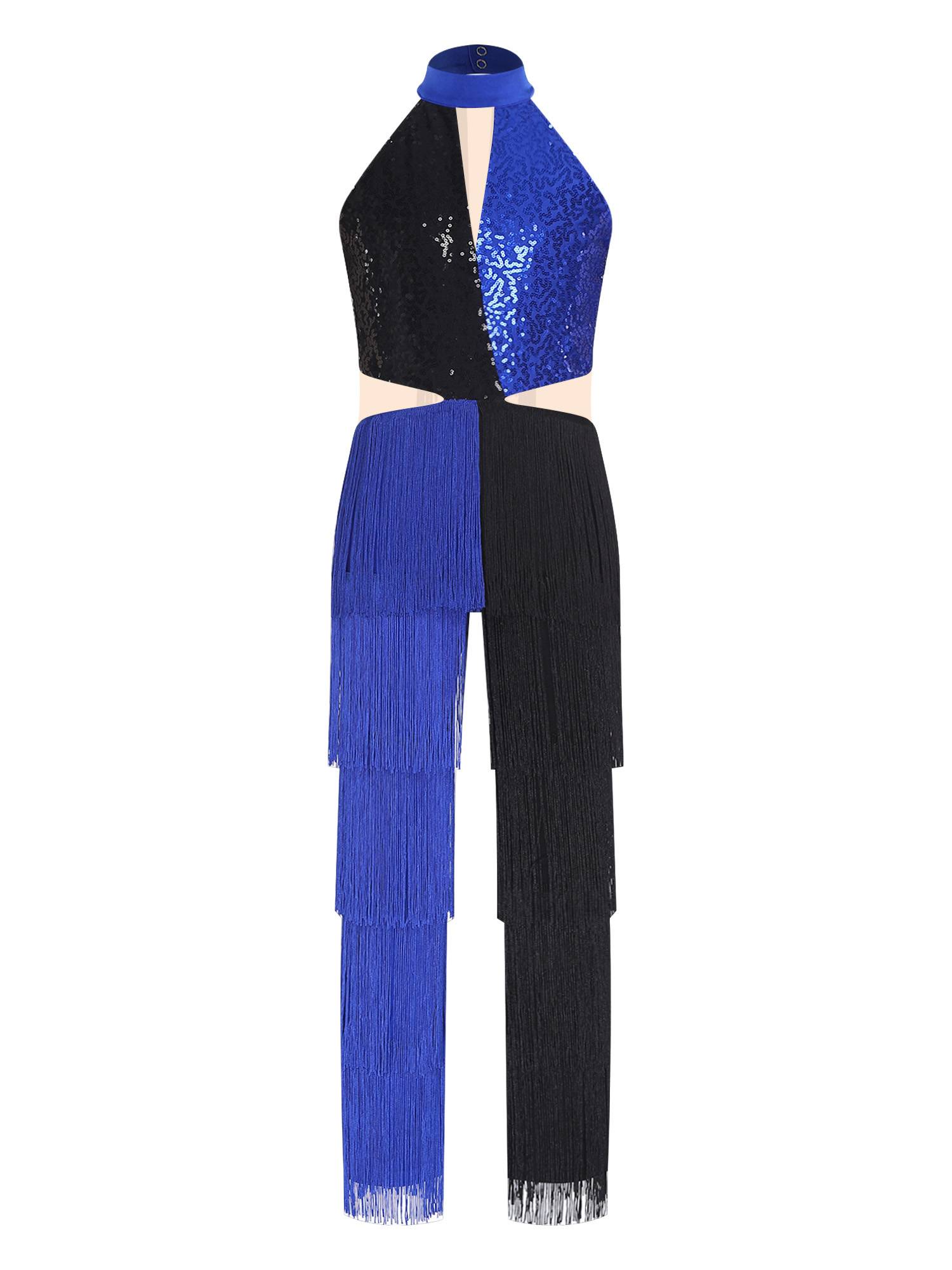 Girls Sequined Tassel Latin Dance Jumpsuit Sleeveless Jazz Disco Leotard