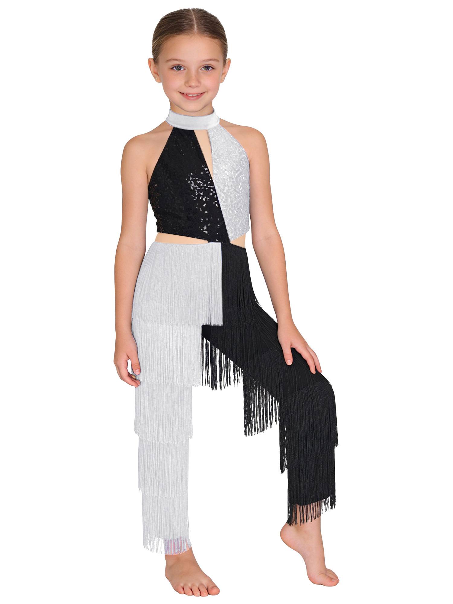 Girls Sequined Tassel Latin Dance Jumpsuit Sleeveless Jazz Disco Leotard