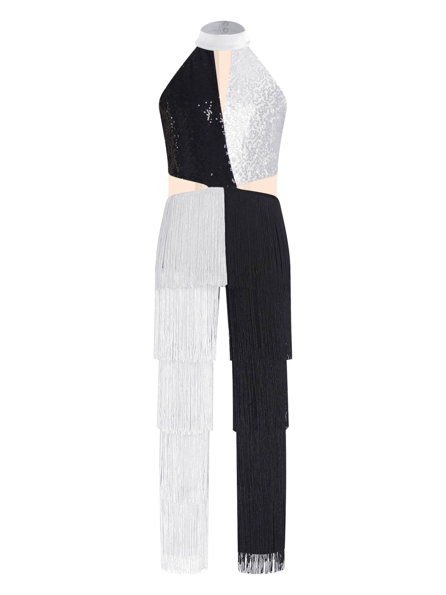 Girls Sequined Tassel Latin Dance Jumpsuit Sleeveless Jazz Disco Leotard