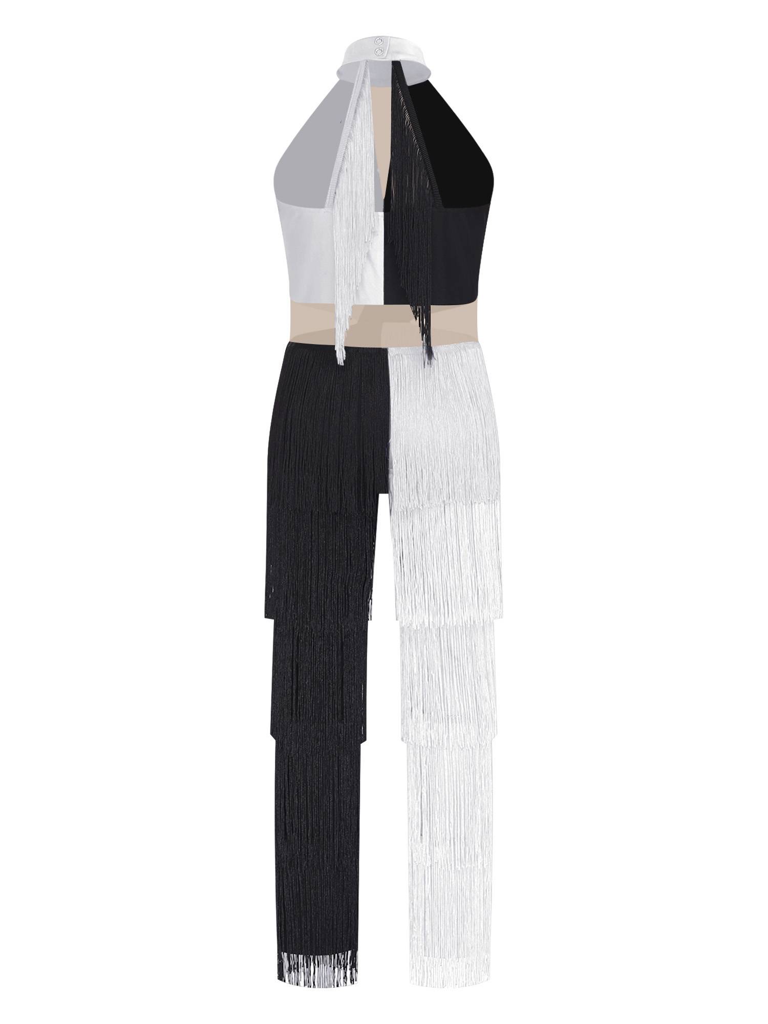 Girls Sequined Tassel Latin Dance Jumpsuit Sleeveless Jazz Disco Leotard