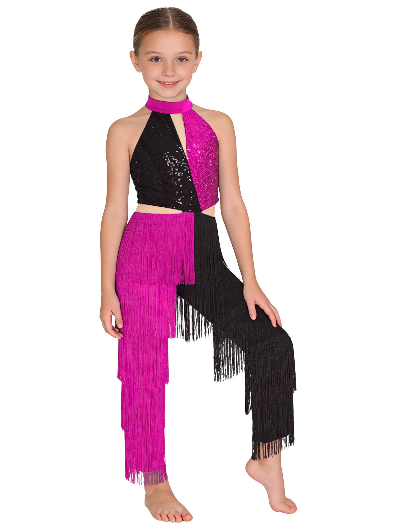 Girls Sequined Tassel Latin Dance Jumpsuit Sleeveless Jazz Disco Leotard