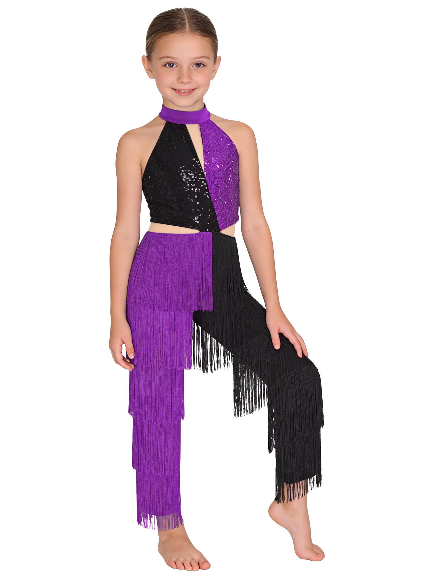 Girls Sequined Tassel Latin Dance Jumpsuit Sleeveless Jazz Disco Leotard