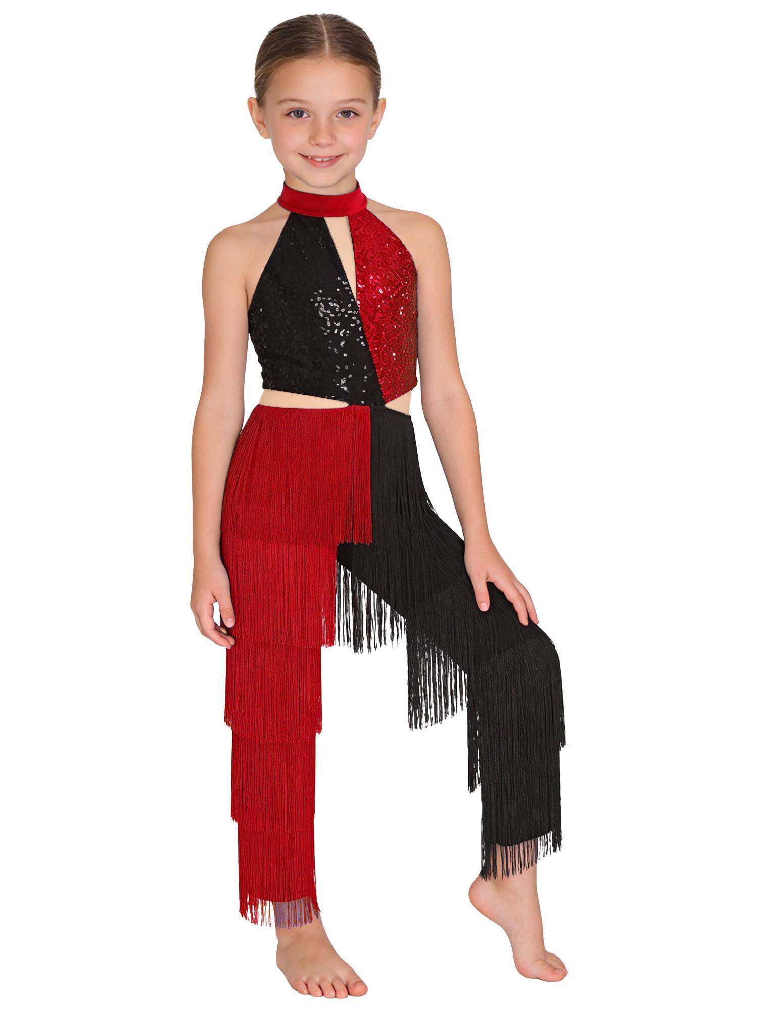 Girls Sequined Tassel Latin Dance Jumpsuit Sleeveless Jazz Disco Leotard