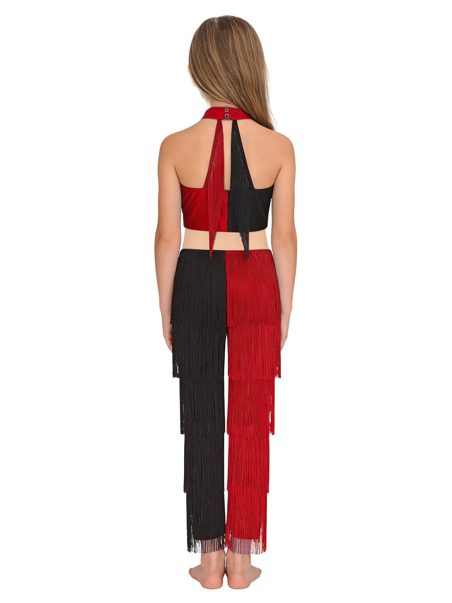 Girls Sequined Tassel Latin Dance Jumpsuit Sleeveless Jazz Disco Leotard