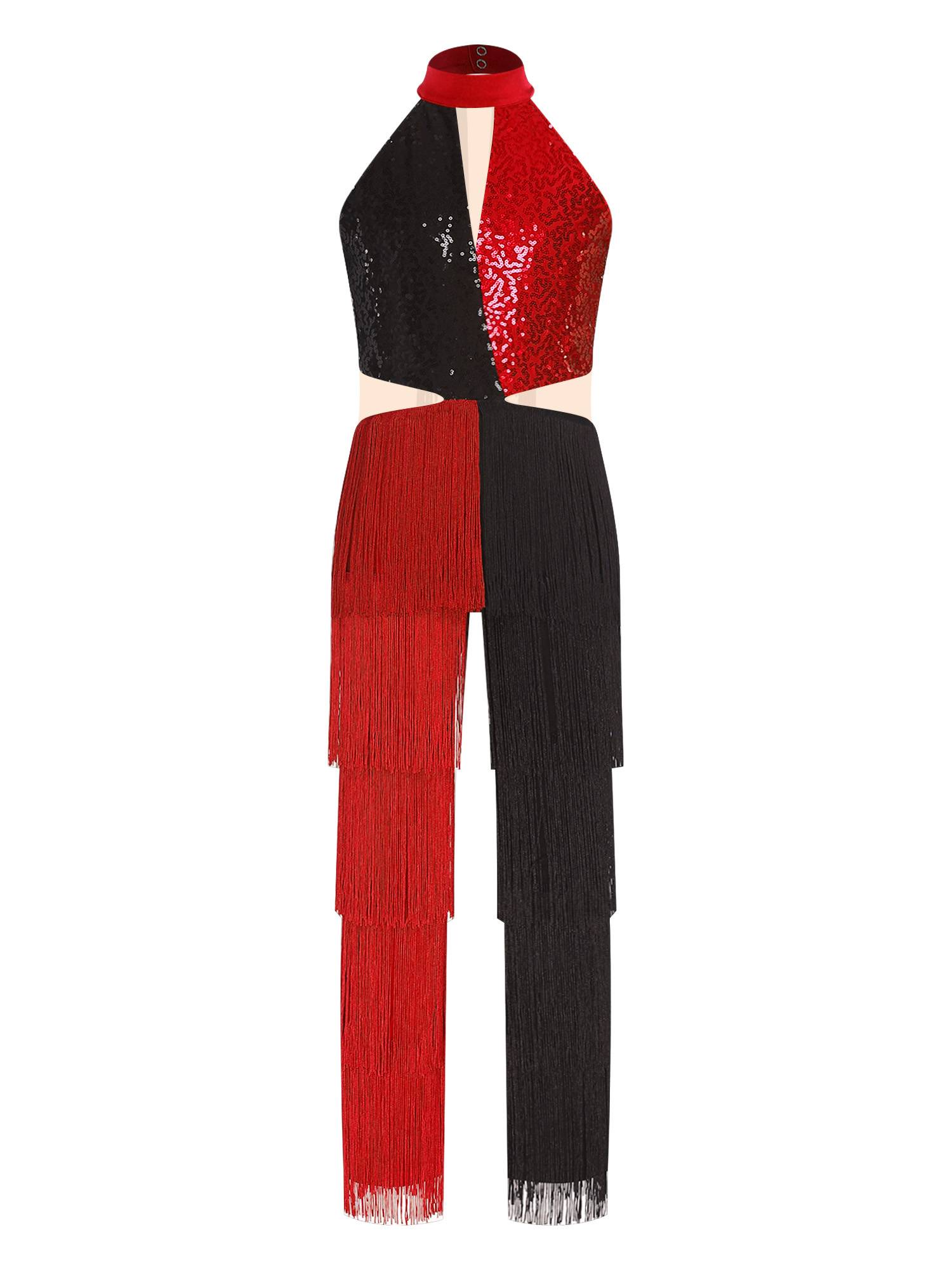 Girls Sequined Tassel Latin Dance Jumpsuit Sleeveless Jazz Disco Leotard