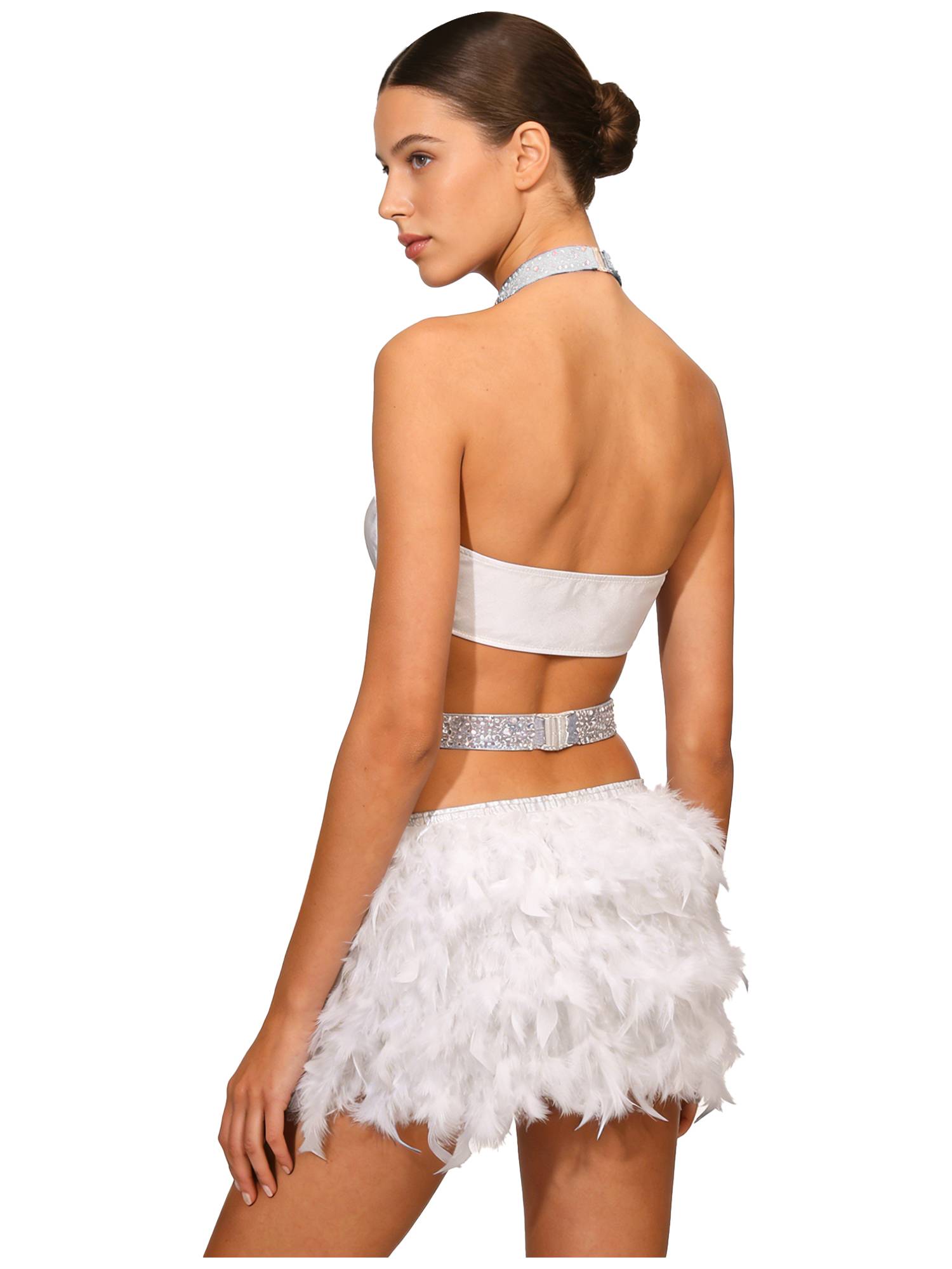 Women Rhinestone Feather Halter Jazz Latin Dance Leotard for Cha-Cha, Rumba