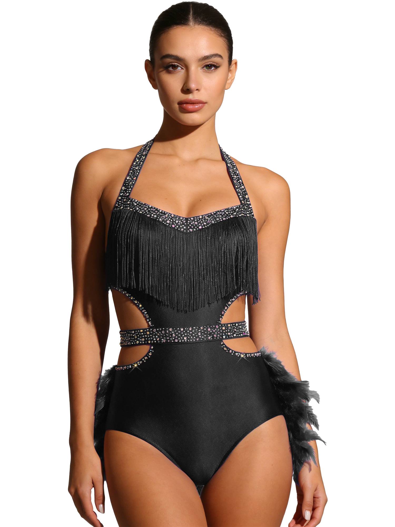 Women Rhinestone Feather Halter Jazz Latin Dance Leotard for Cha-Cha, Rumba