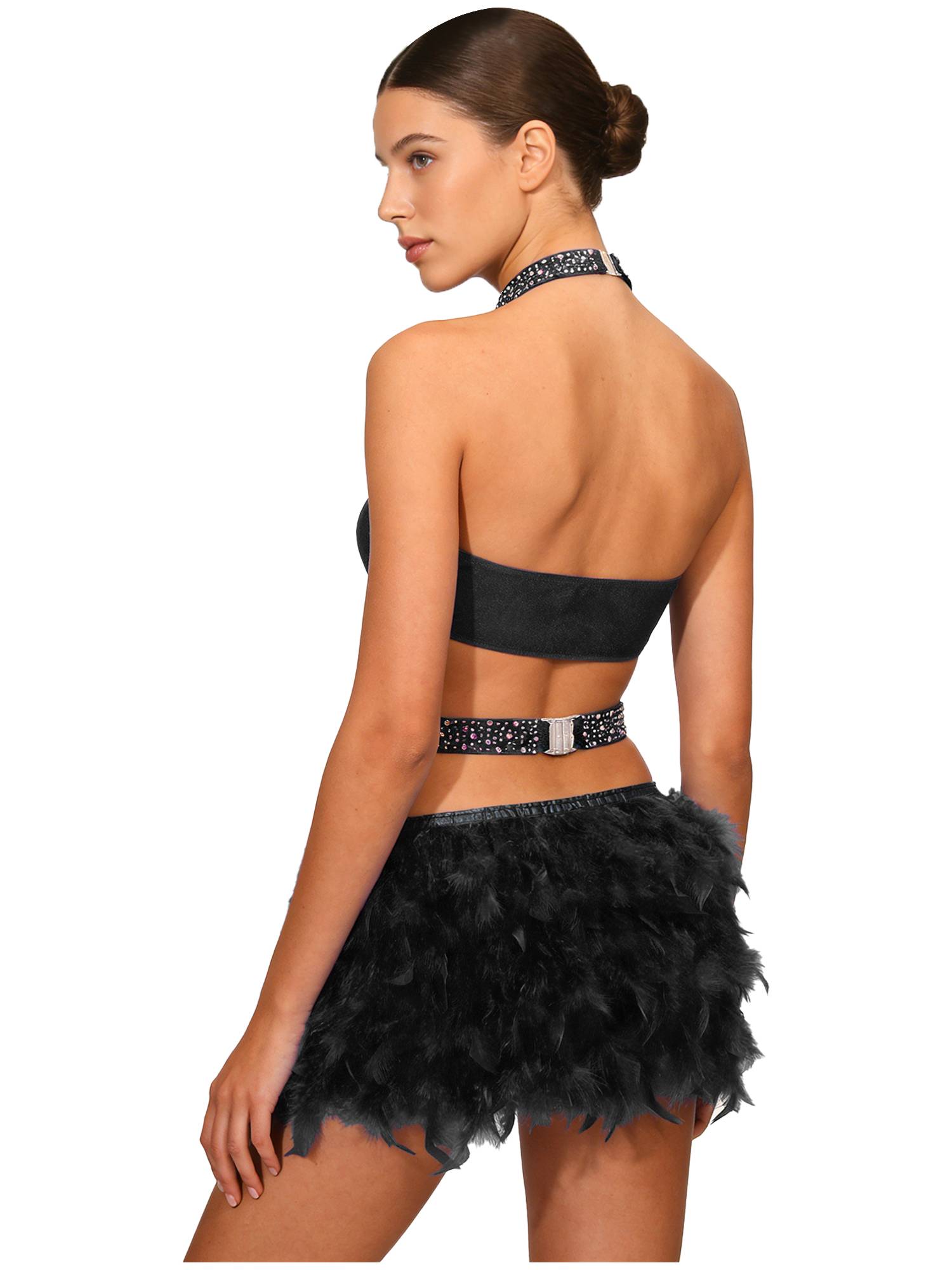 Women Rhinestone Feather Halter Jazz Latin Dance Leotard for Cha-Cha, Rumba
