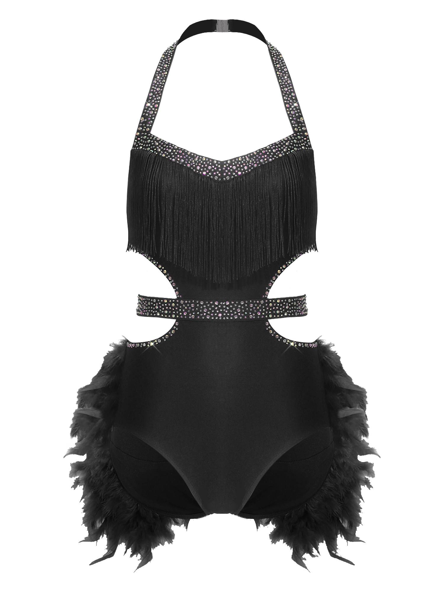 Women Rhinestone Feather Halter Jazz Latin Dance Leotard for Cha-Cha, Rumba