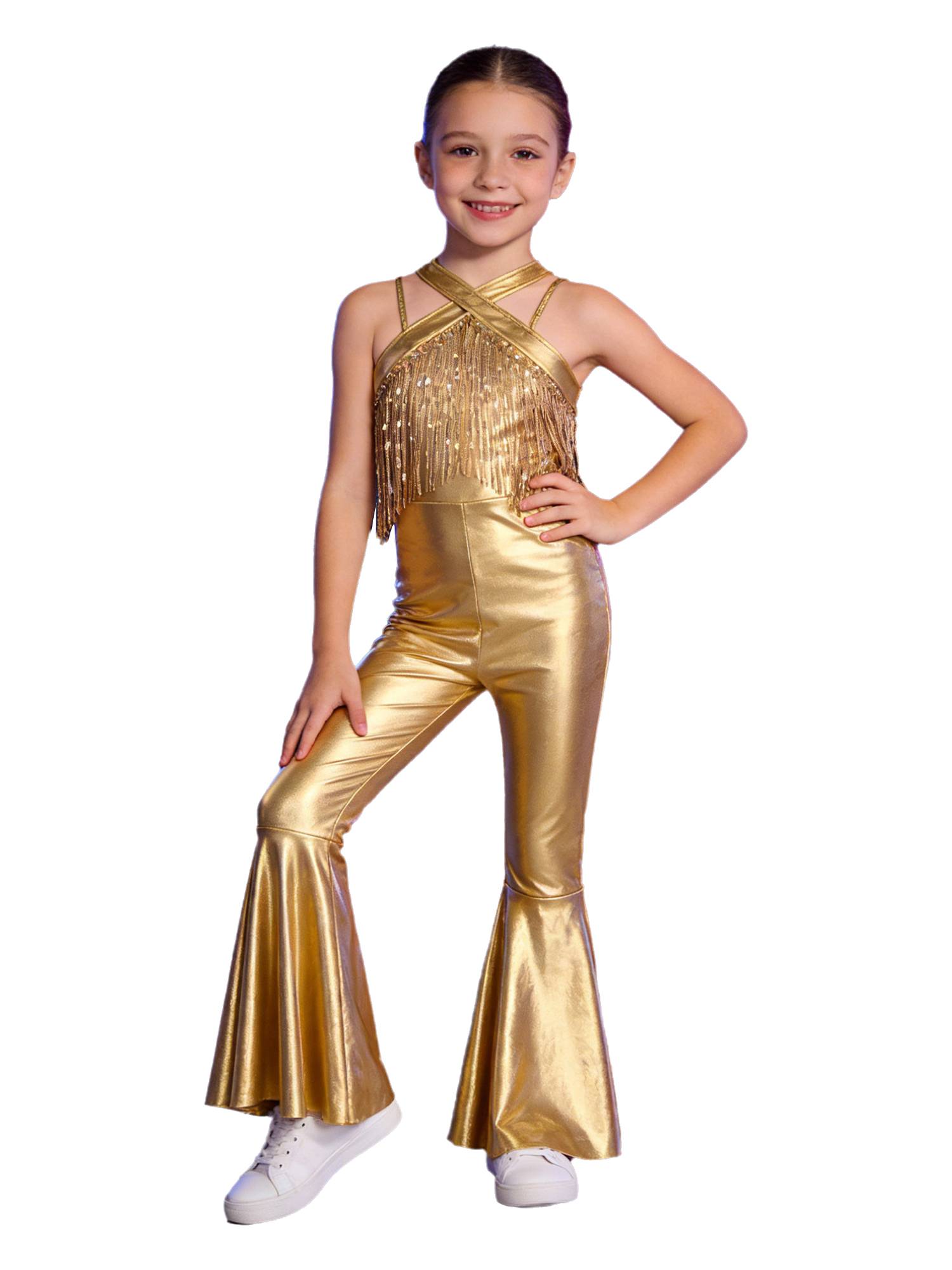 Girls Metallics Tassels Sleeveless Jazz Latin Dance Flared Jumpsuit Disco Party