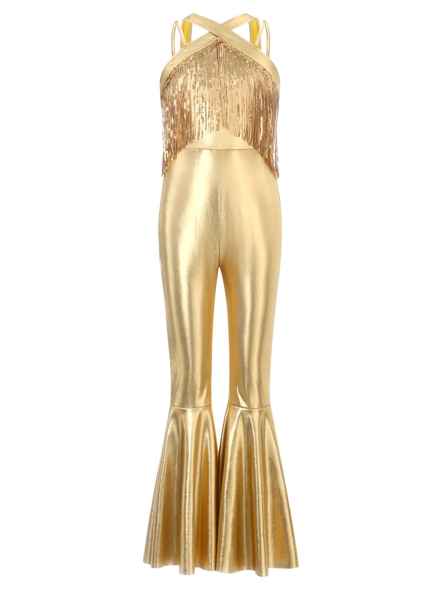 Girls Metallics Tassels Sleeveless Jazz Latin Dance Flared Jumpsuit Disco Party