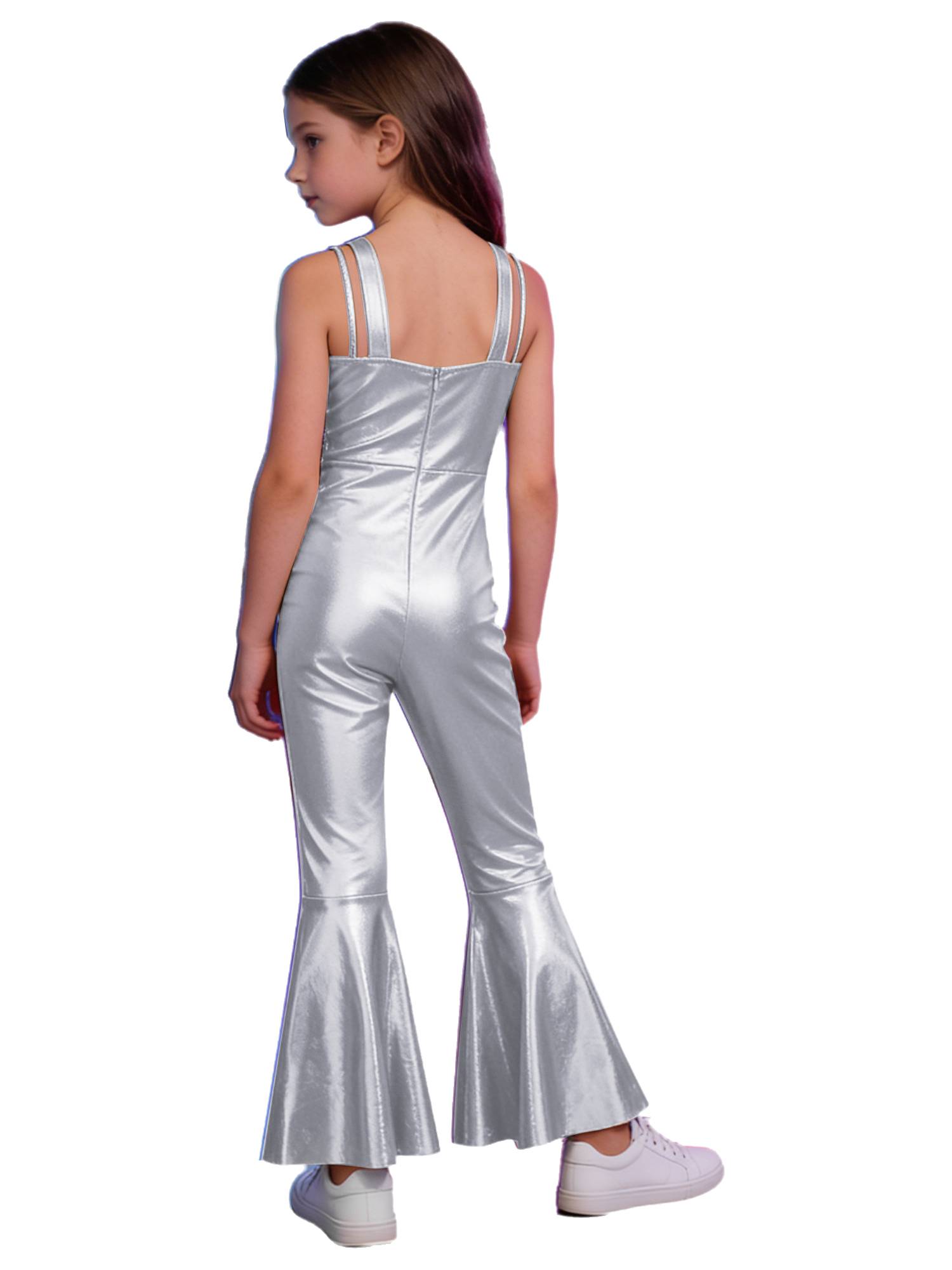 Girls Metallics Tassels Sleeveless Jazz Latin Dance Flared Jumpsuit Disco Party