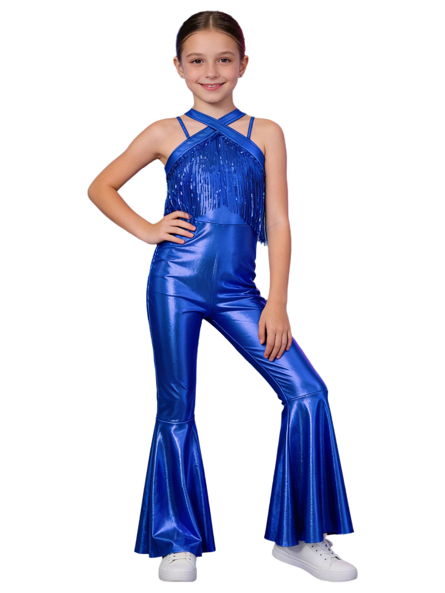 Girls Metallics Tassels Sleeveless Jazz Latin Dance Flared Jumpsuit Disco Party