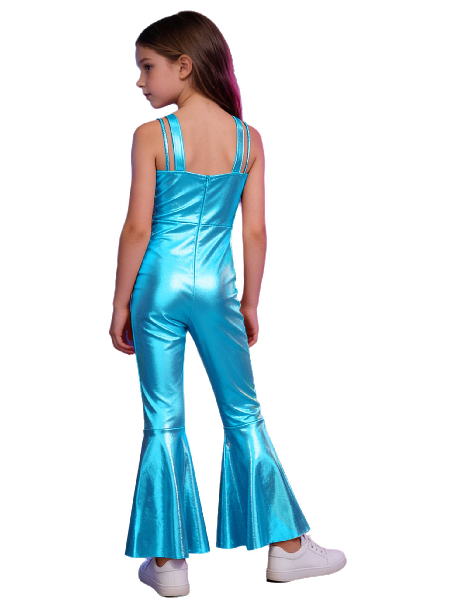 Girls Metallics Tassels Sleeveless Jazz Latin Dance Flared Jumpsuit Disco Party