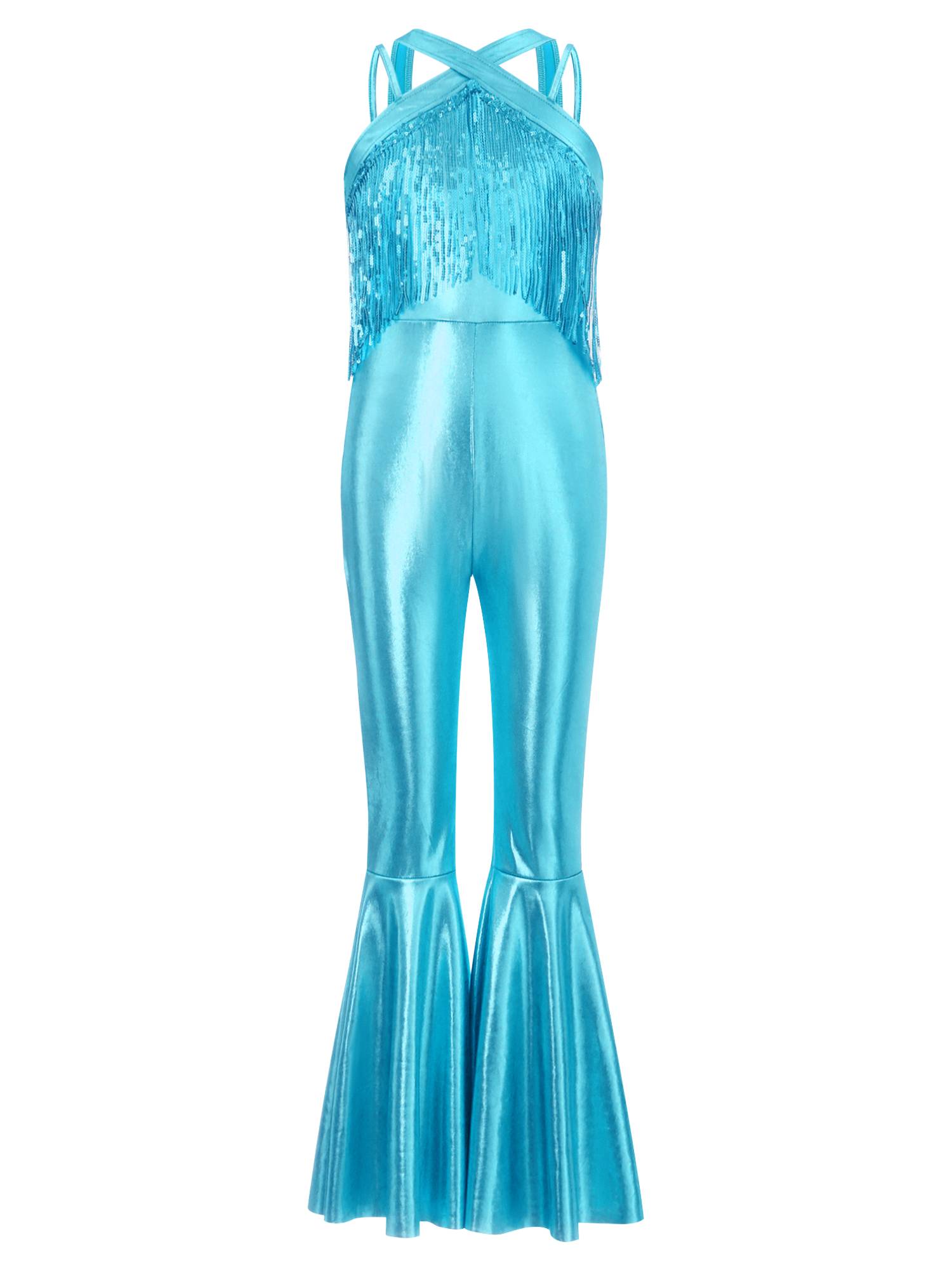 Girls Metallics Tassels Sleeveless Jazz Latin Dance Flared Jumpsuit Disco Party