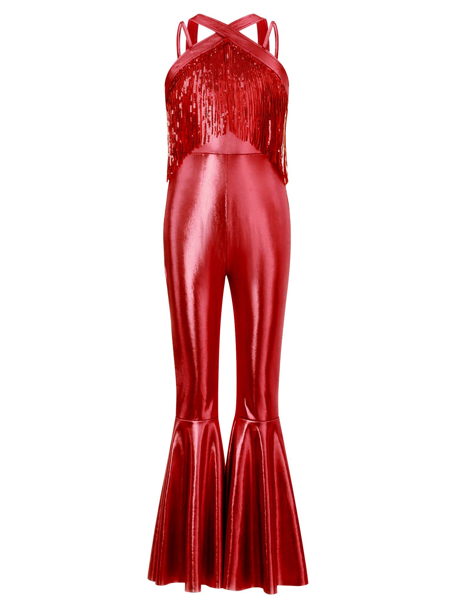Girls Metallics Tassels Sleeveless Jazz Latin Dance Flared Jumpsuit Disco Party