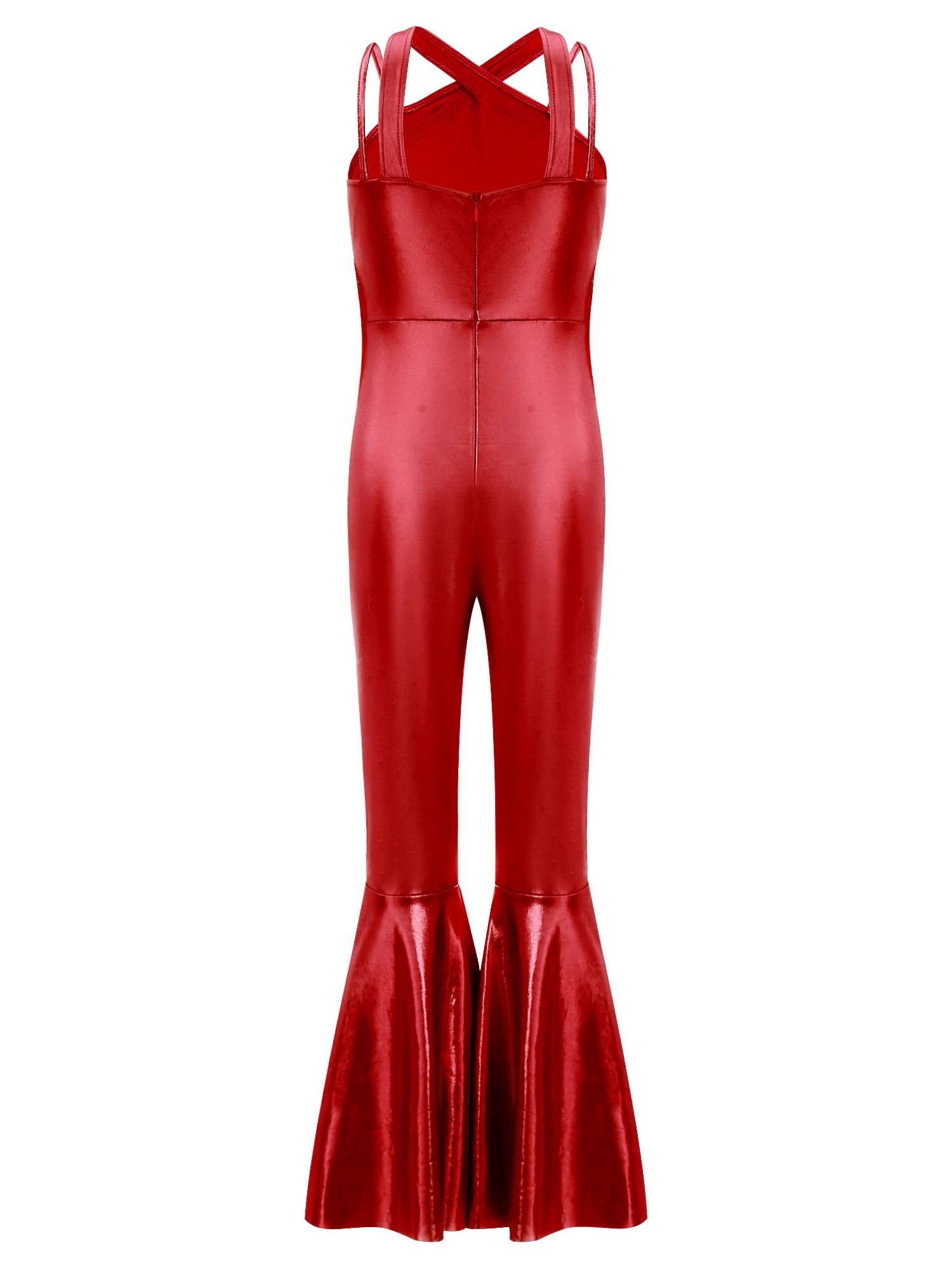 Girls Metallics Tassels Sleeveless Jazz Latin Dance Flared Jumpsuit Disco Party