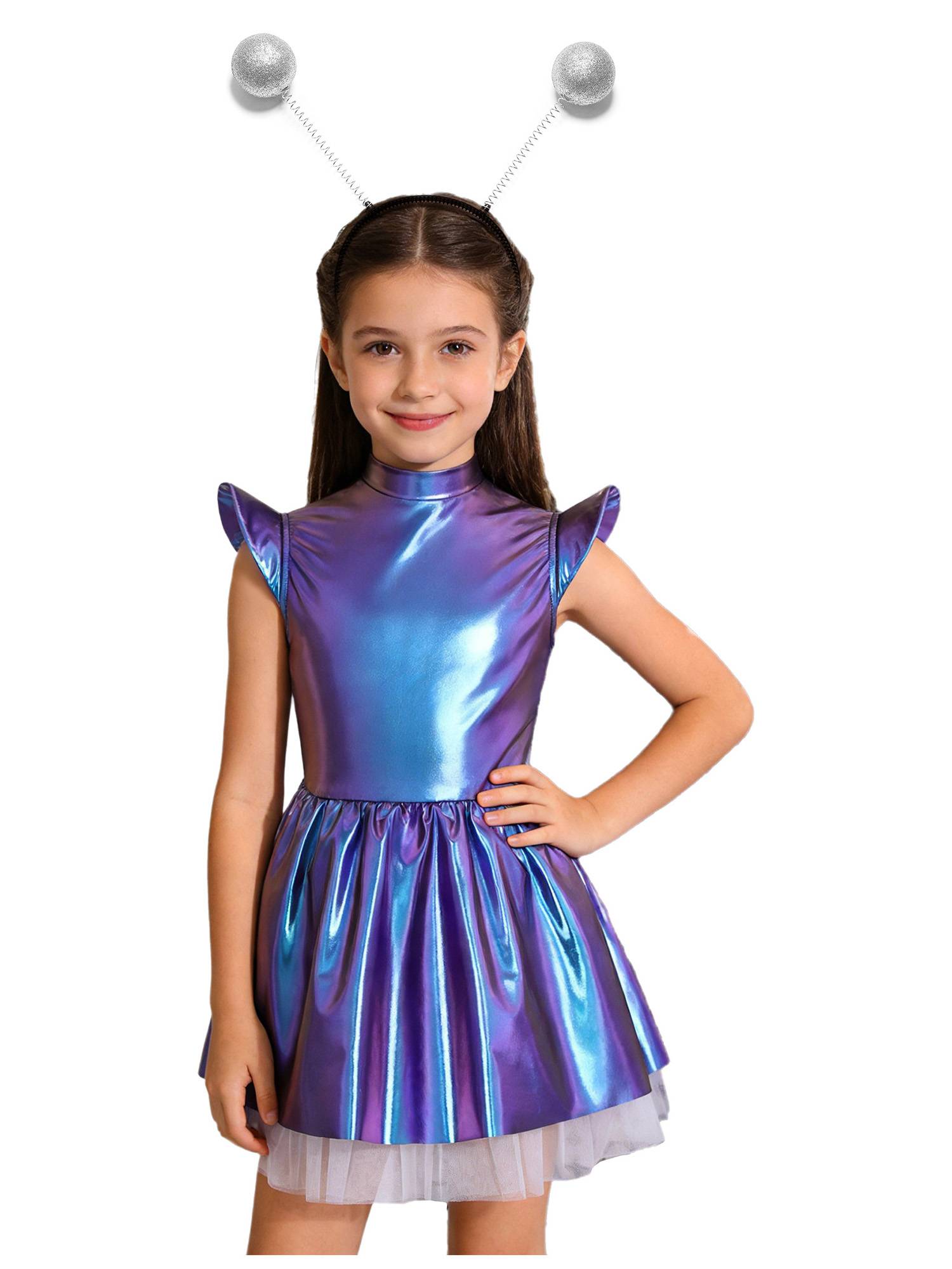 Girls Iridescent 2-Piece Alien Costume Mock Neck Tutu Dress for Halloween