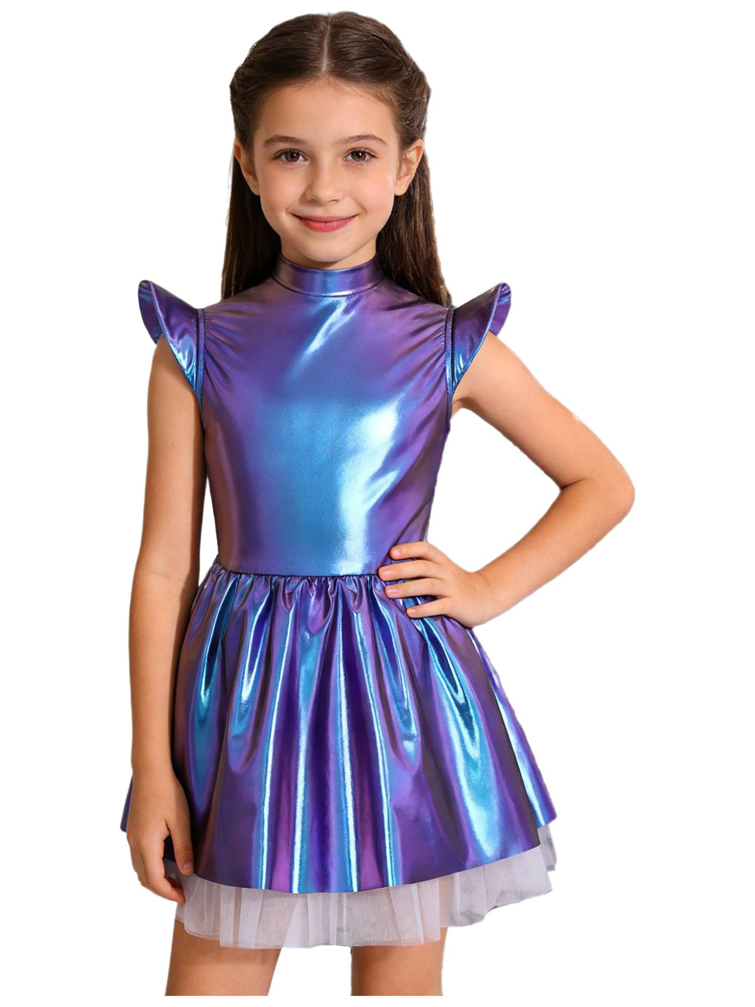 Girls Iridescent 2-Piece Alien Costume Mock Neck Tutu Dress for Halloween