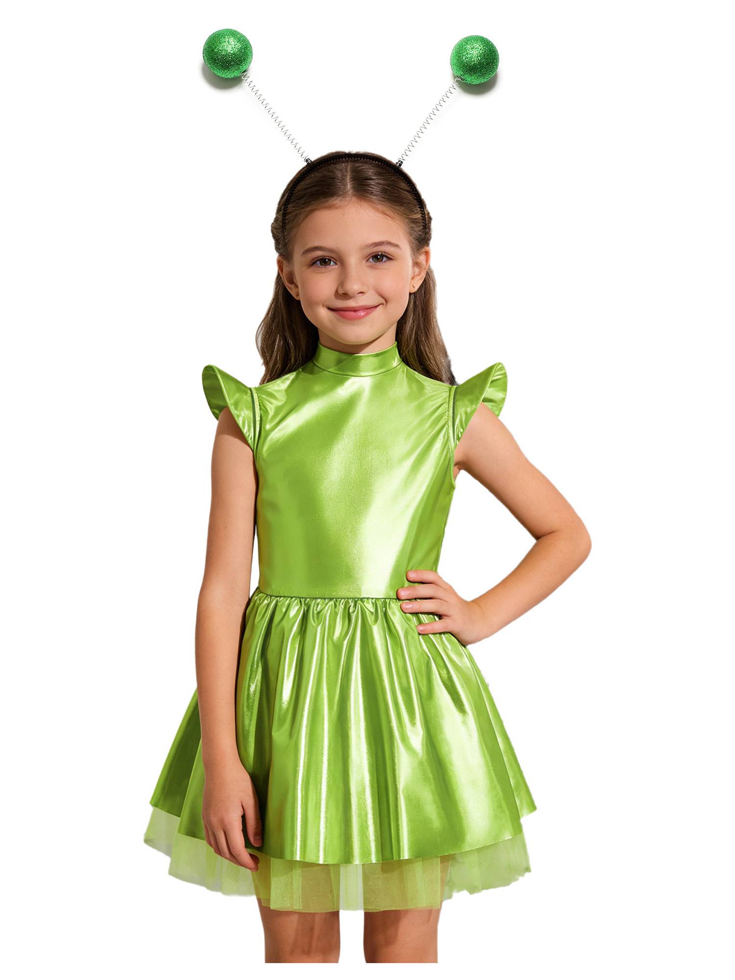 Girls Iridescent 2-Piece Alien Costume Mock Neck Tutu Dress for Halloween
