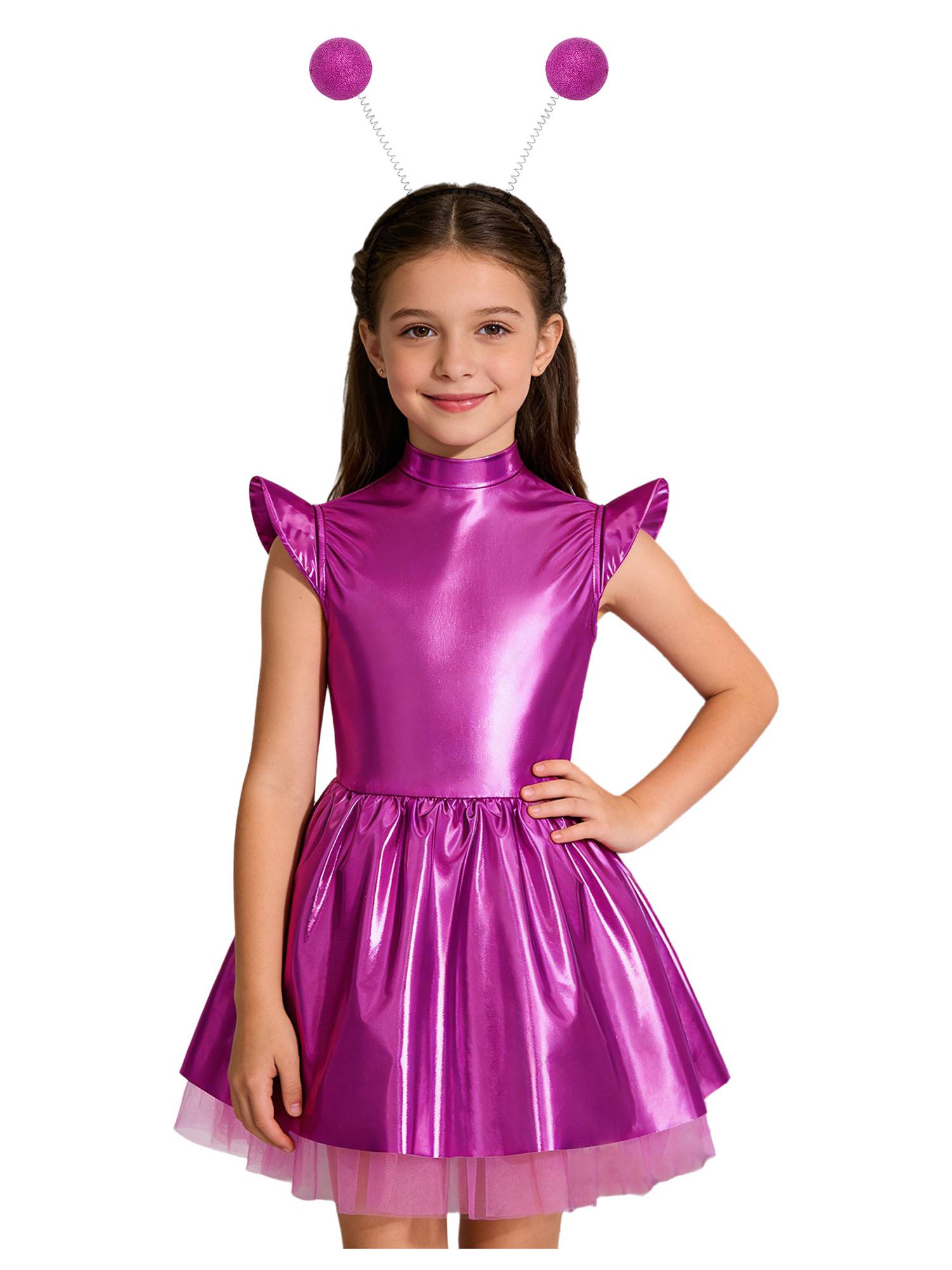 Girls Iridescent 2-Piece Alien Costume Mock Neck Tutu Dress for Halloween