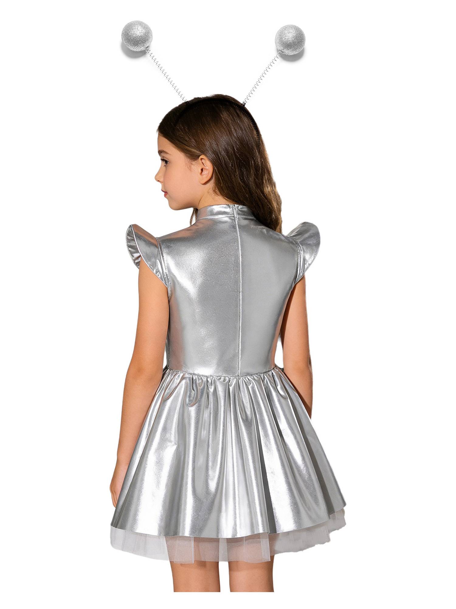 Girls Iridescent 2-Piece Alien Costume Mock Neck Tutu Dress for Halloween